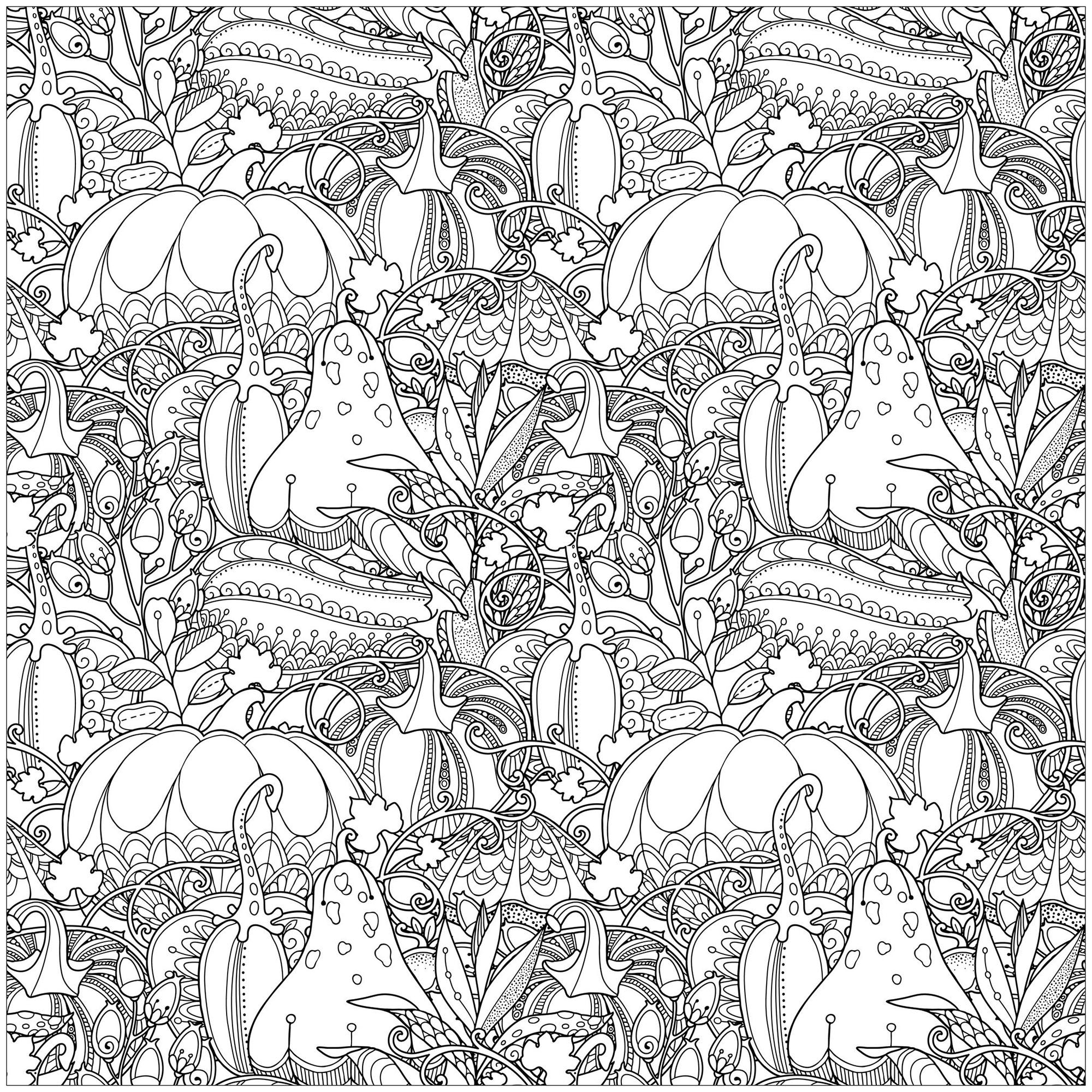 感謝祭のカボチャと花 - 複雑なぬりえページ 感謝祭 印刷用, image size:2000x2000