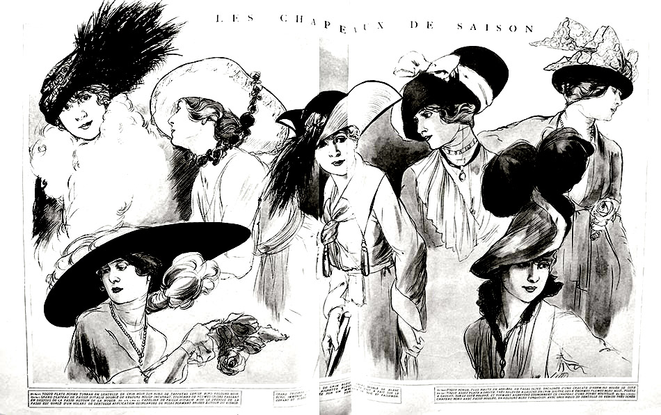 1915年のファッションスケッチ、女性用帽子付き (複雑なぬりえ ロパ・イ・モーダ 大人向け印刷用)