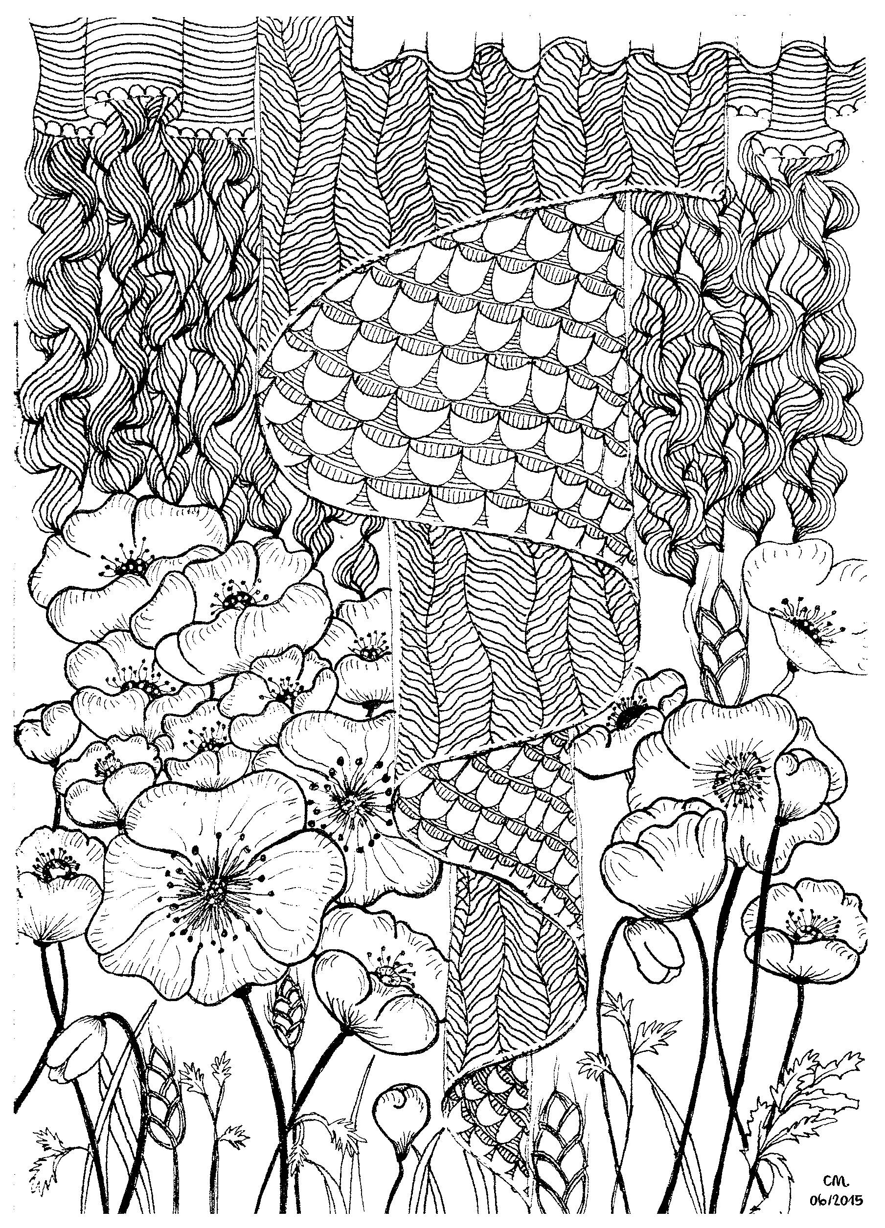 「ポピー」、限定塗り絵ページ (複雑なぬりえ 花と植物 大人向け印刷用)