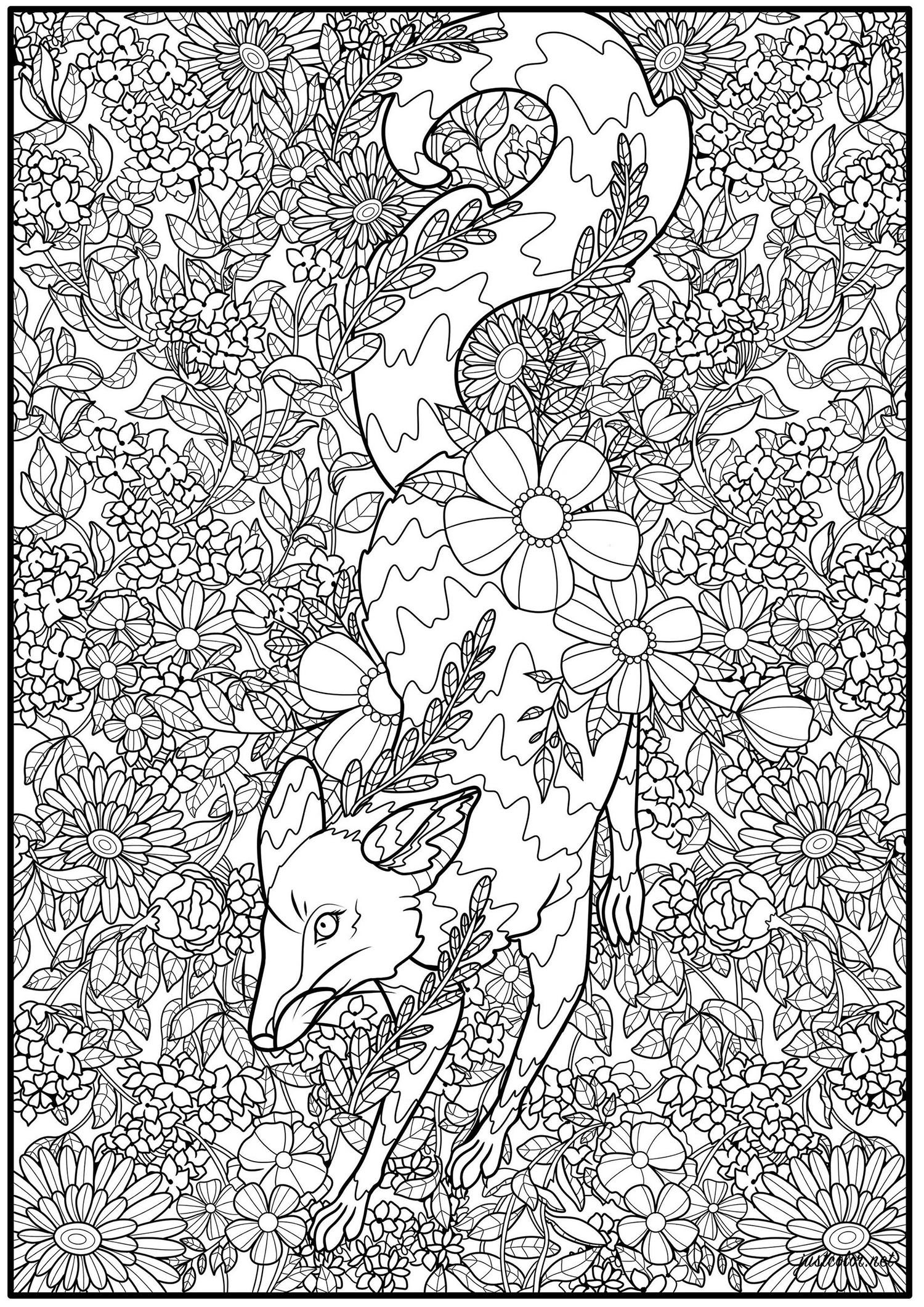 狐と野の花 (複雑なぬりえ キツネ 大人向け印刷用)