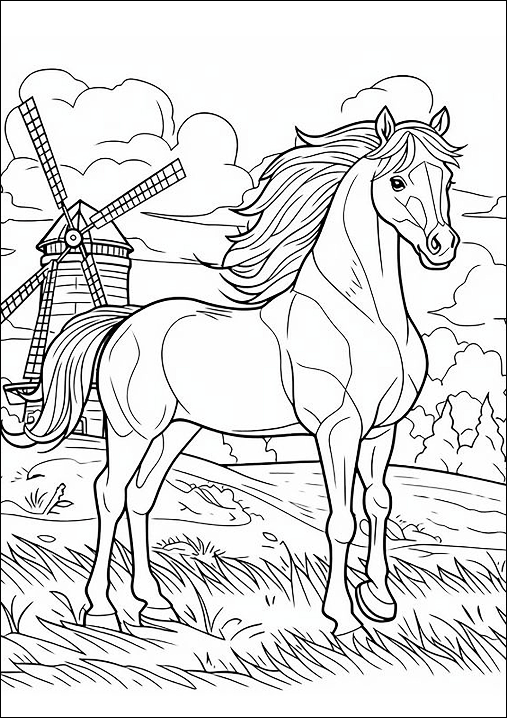 風になびくたてがみの馬、背景に風車 (ぬりえ 馬 大人向け印刷用)