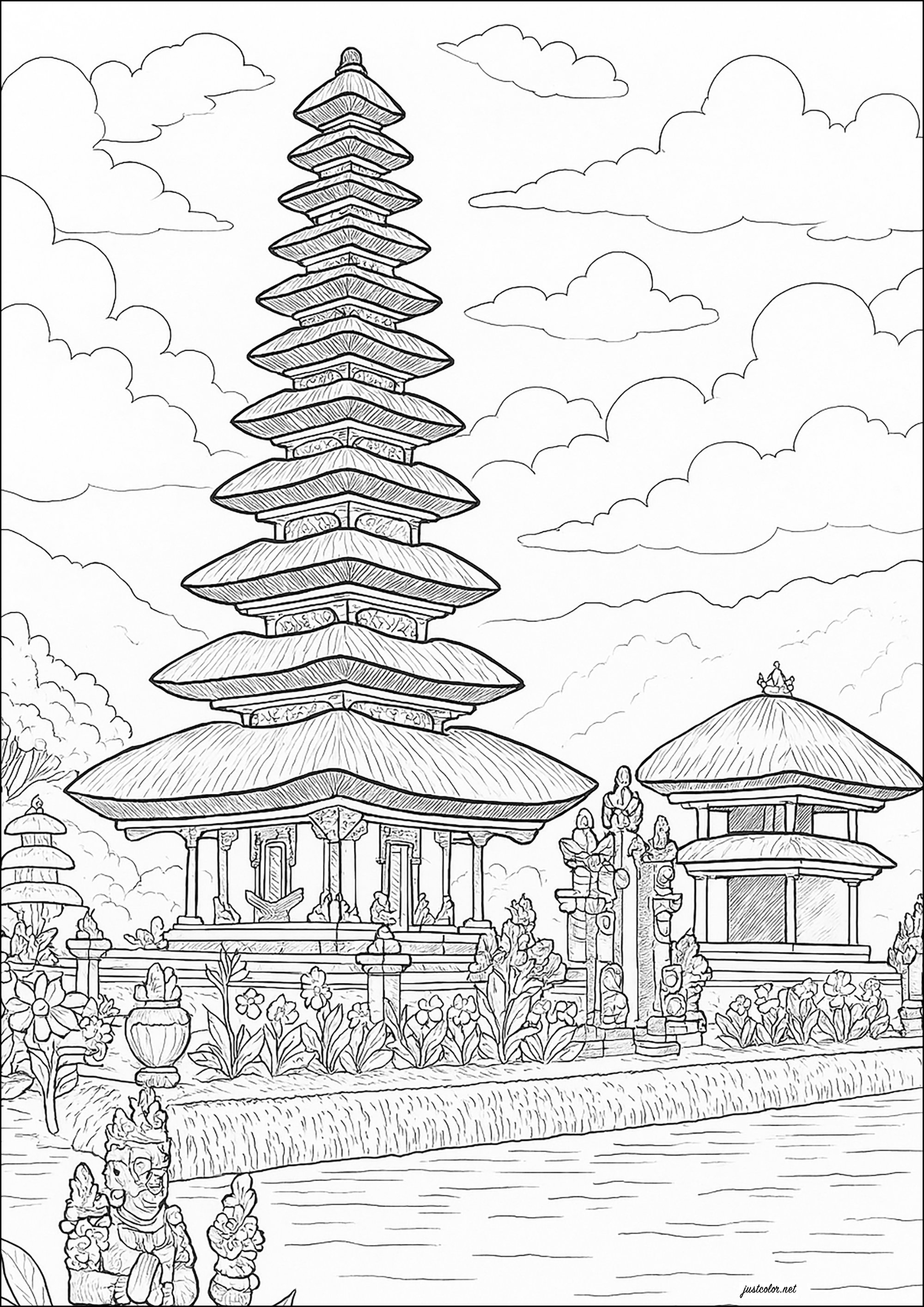 バリのメル(多層屋根の寺院) (ぬりえ インドネシア 大人向け印刷用)