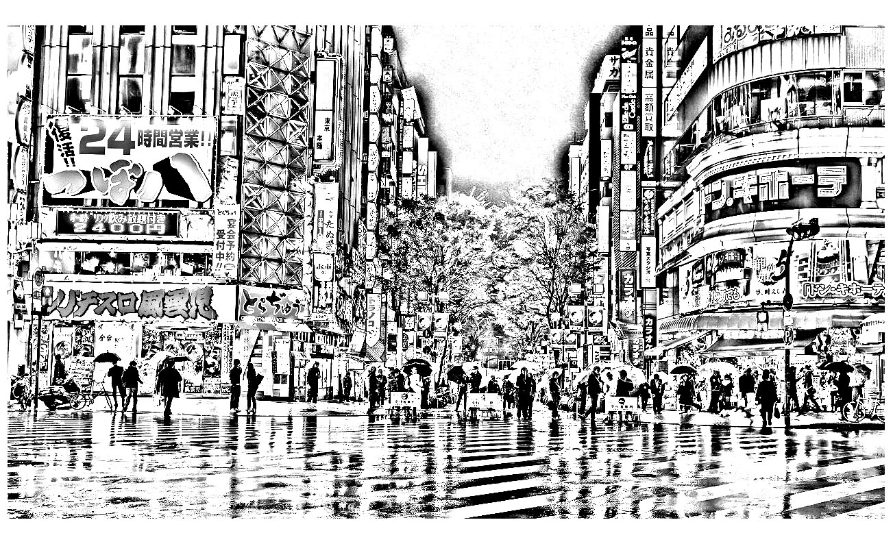 雨の東京 (複雑なぬりえ 日本 大人向け印刷用)