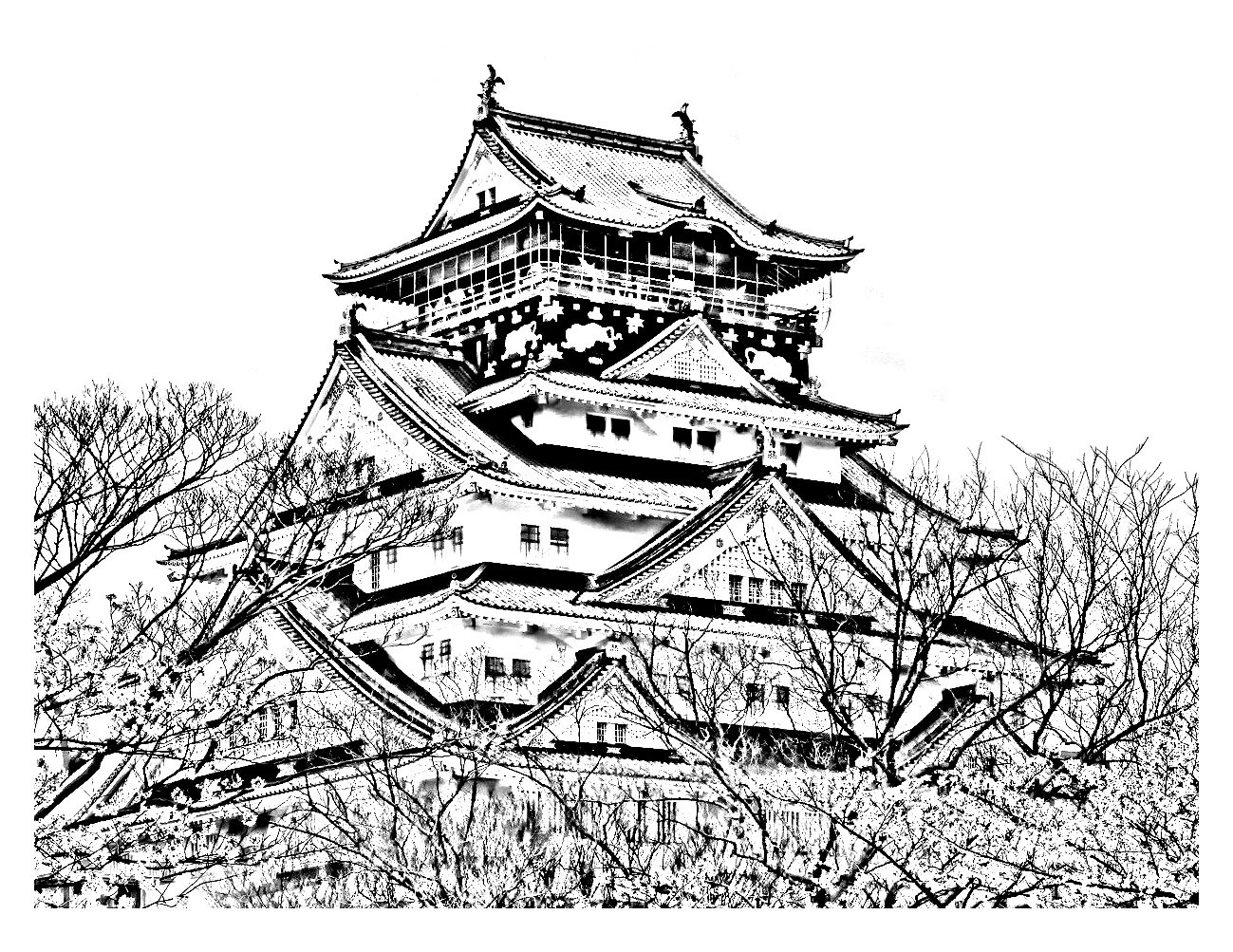 日本の城、層状の屋根と春の花 (複雑なぬりえ 日本 大人向け印刷用)