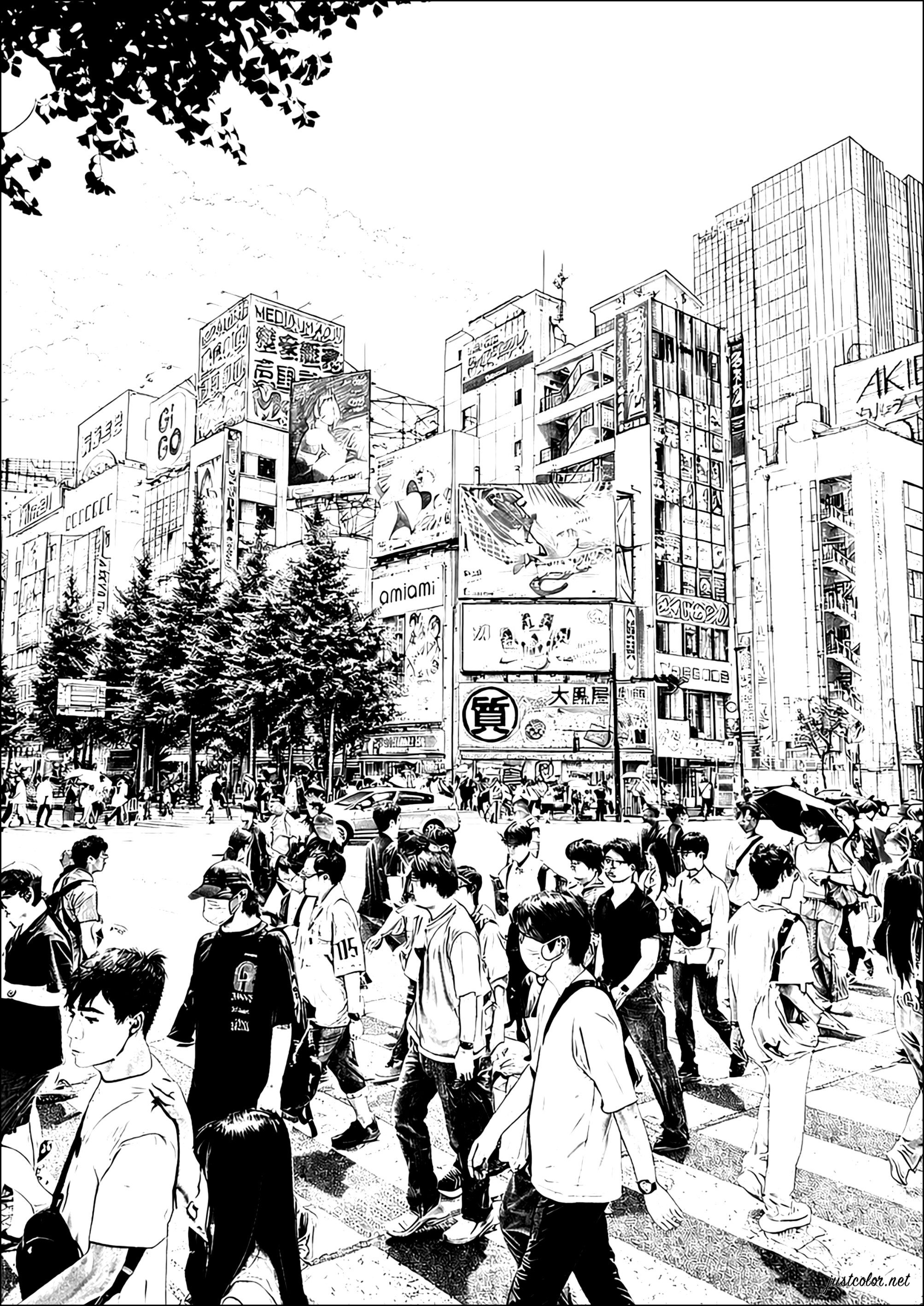 秋葉原地区：東京の中心部のにぎやかな人混み (複雑なぬりえ 日本 大人向け印刷用)