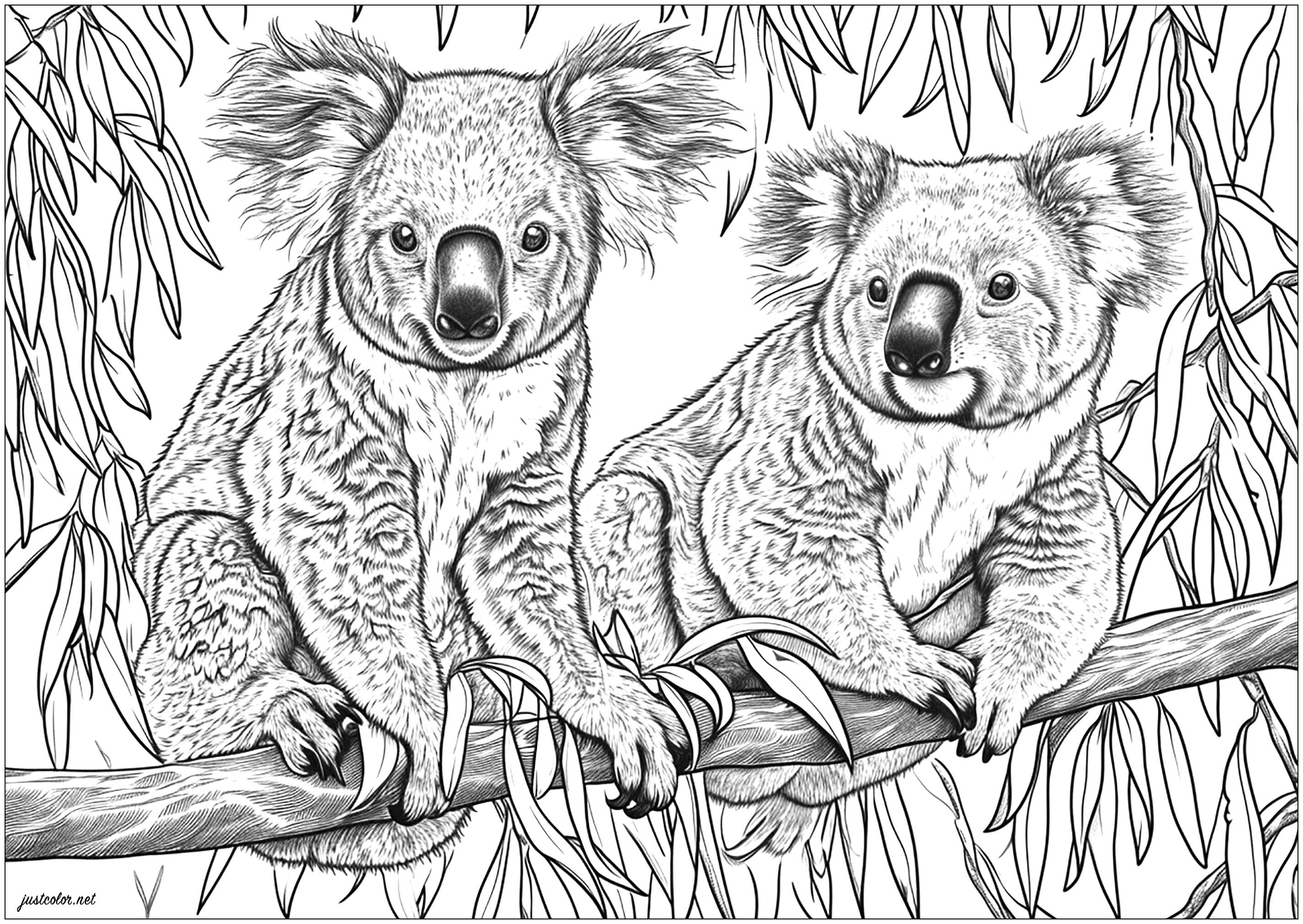 非常にリアルな2頭のコアラが、細部まで緻密に描かれたデザインの中にいます。 (ぬりえ コアラ 大人向け印刷用)