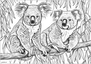 非常にリアルな2頭のコアラが、細部まで緻密に描かれたデザインの中にいます。 (ぬりえ コアラ 印刷用)