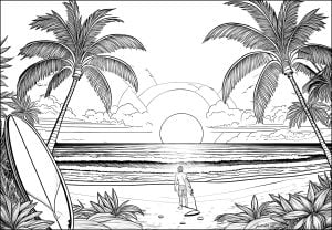 ハワイでのサーフィン (ぬりえ 風景 印刷用)