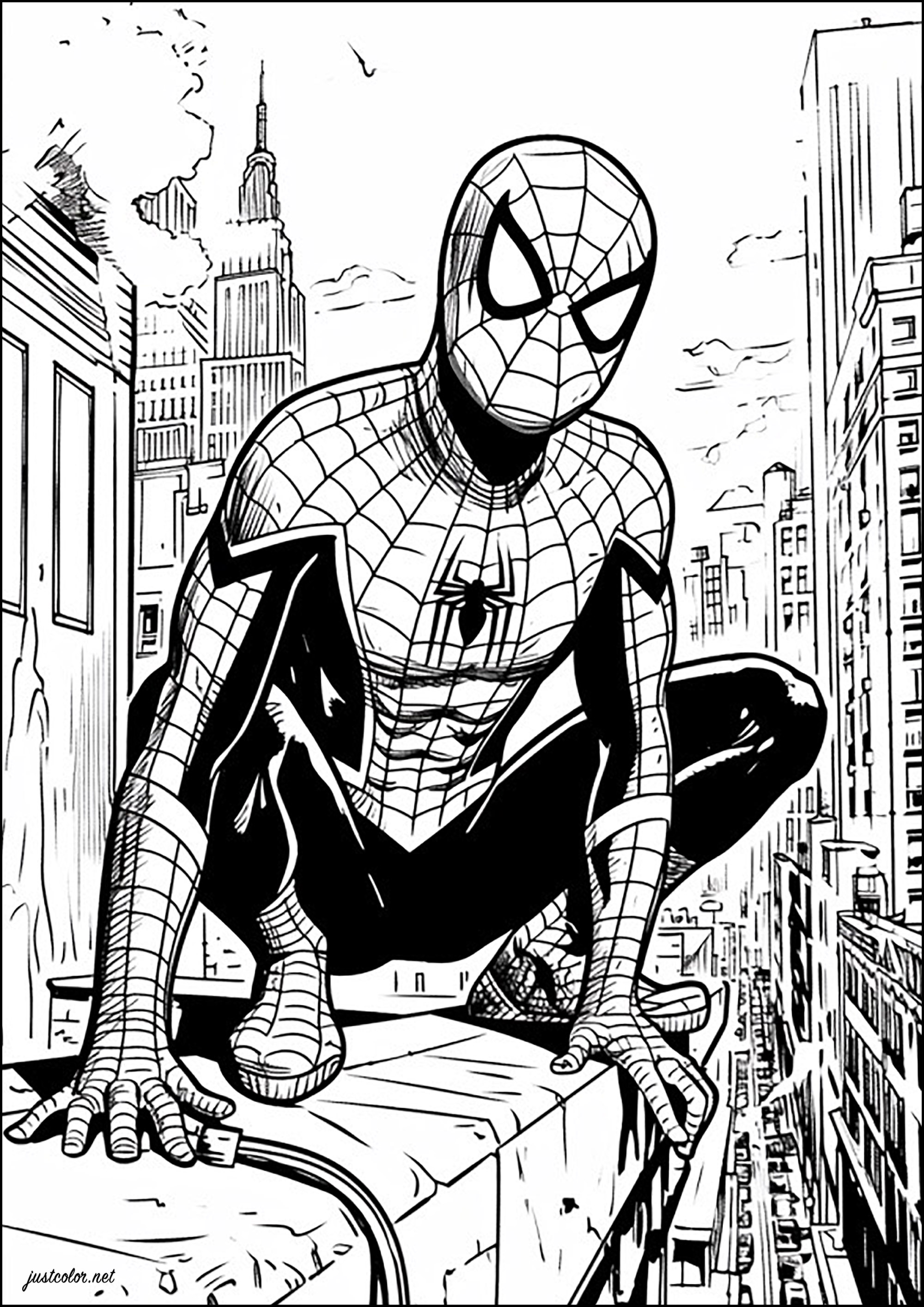 スパイダーマンはニューヨークのビルの屋上で休んでいる。 (ぬりえ 本とコミック 大人向け印刷用)