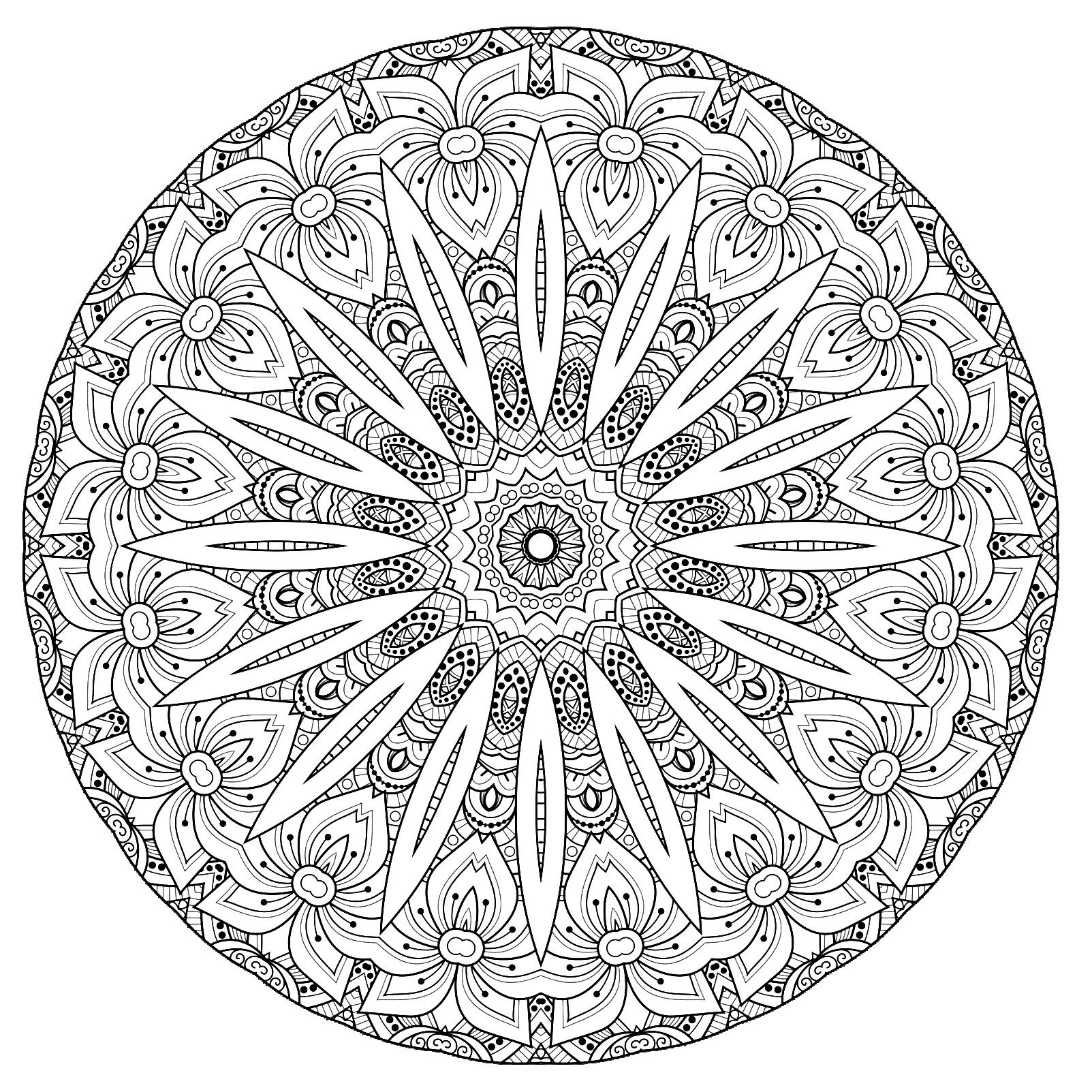 花の複雑な曼荼羅 - 複雑なぬりえページ マンダラ 印刷用, image size:1603x1603