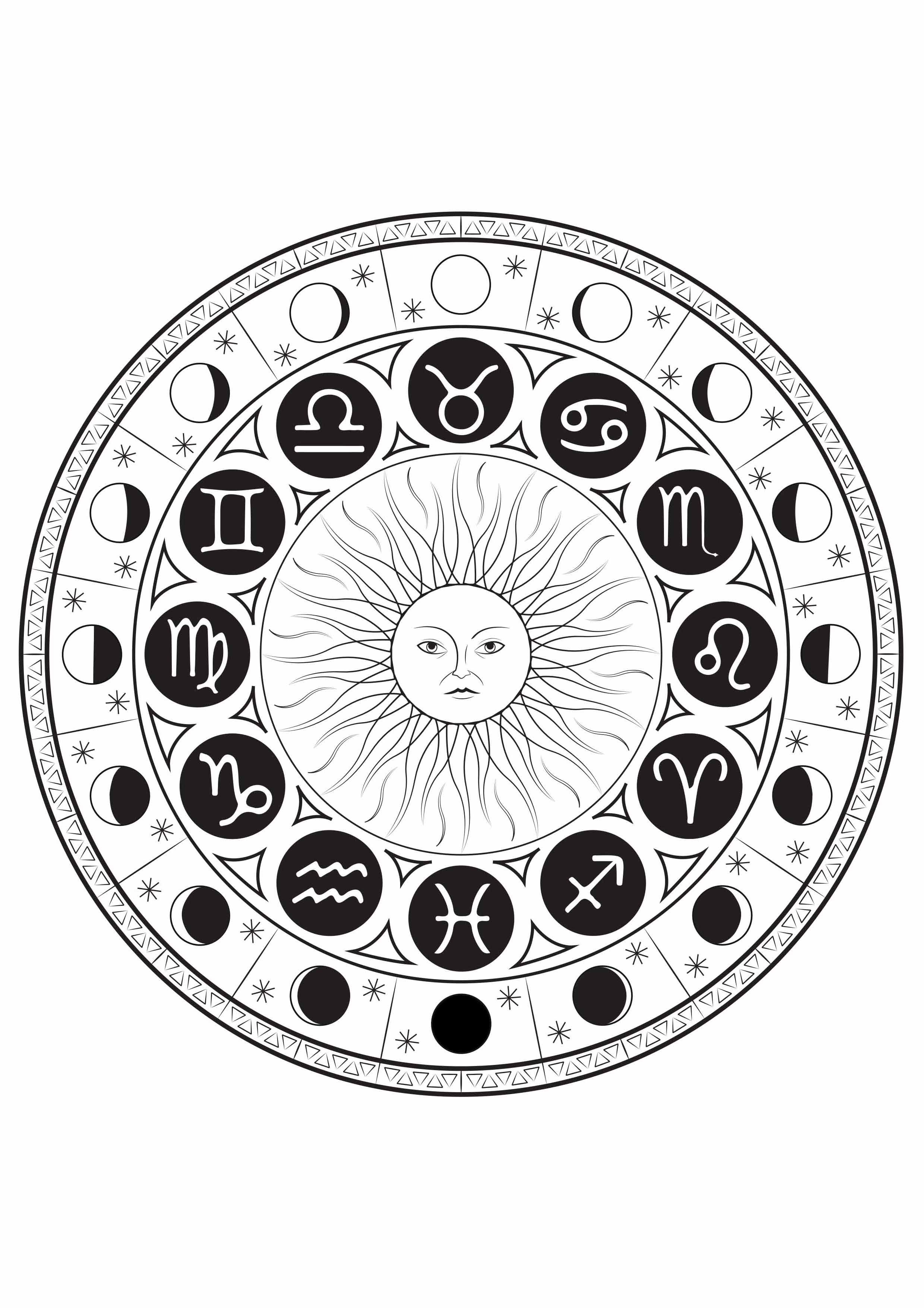 太陽の周りに占星術のサインを配置した曼荼羅、月の周期を伴う (複雑なぬりえ マンダラ 大人向け印刷用)