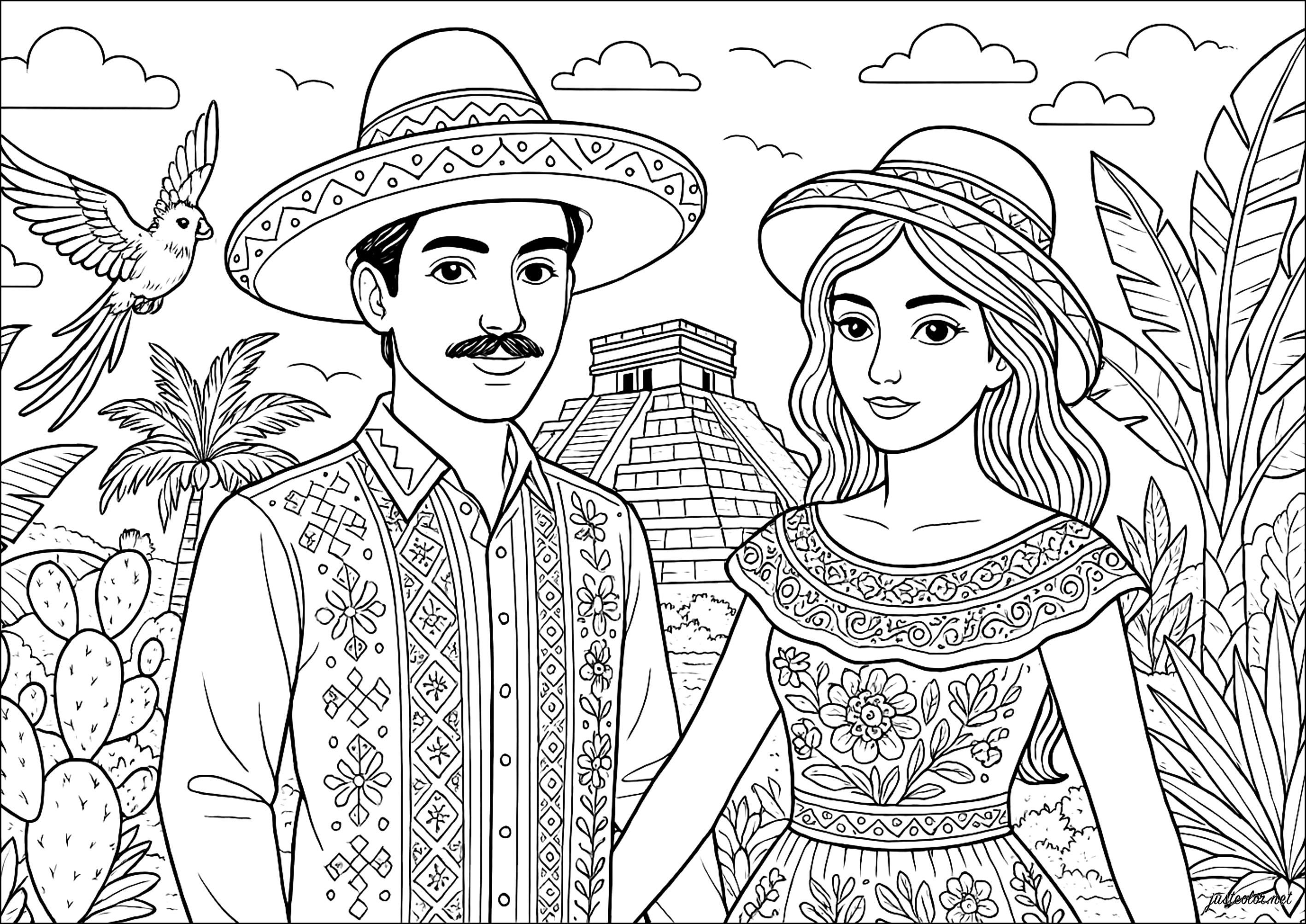若いメキシコ人とチチェン・イッツァのピラミッド (ぬりえ マヤ、アステカ、インカ 大人向け印刷用)