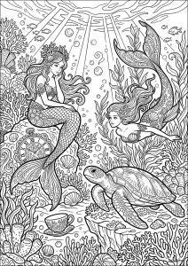複雑なぬりえページ 人魚 大人向け印刷用