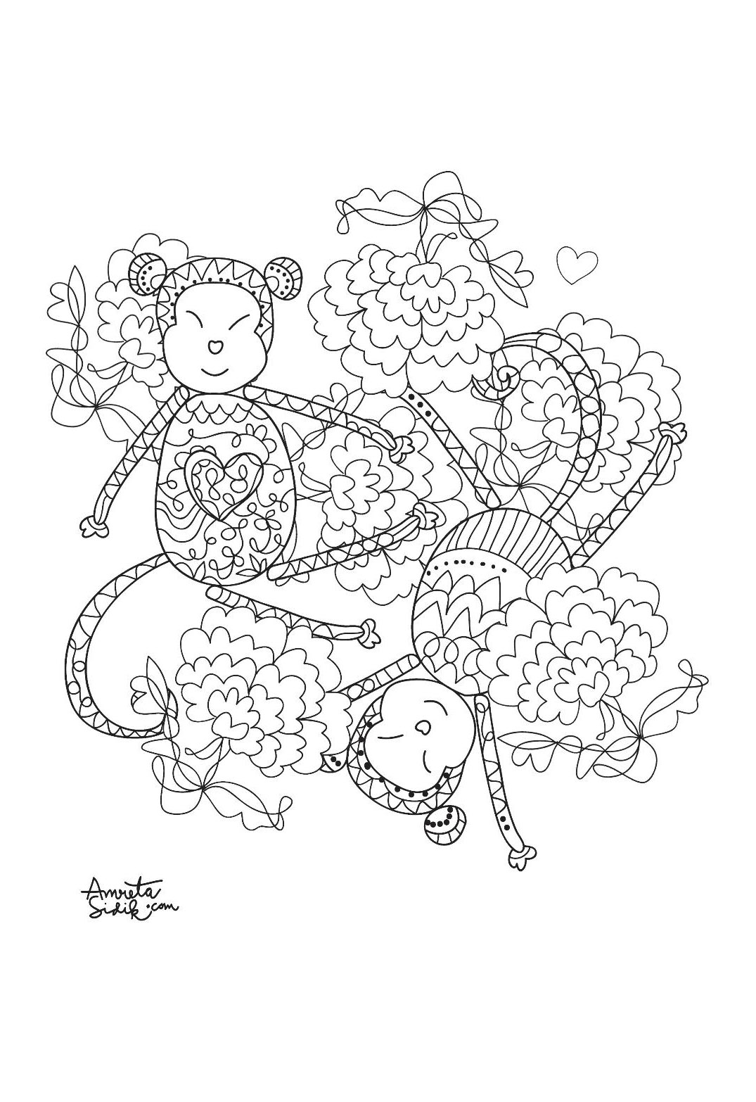 花の中の多くの猿 (複雑なぬりえ サル 大人向け印刷用)