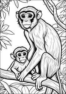 母猿とその子が枝の上に (ぬりえ サル 印刷用)