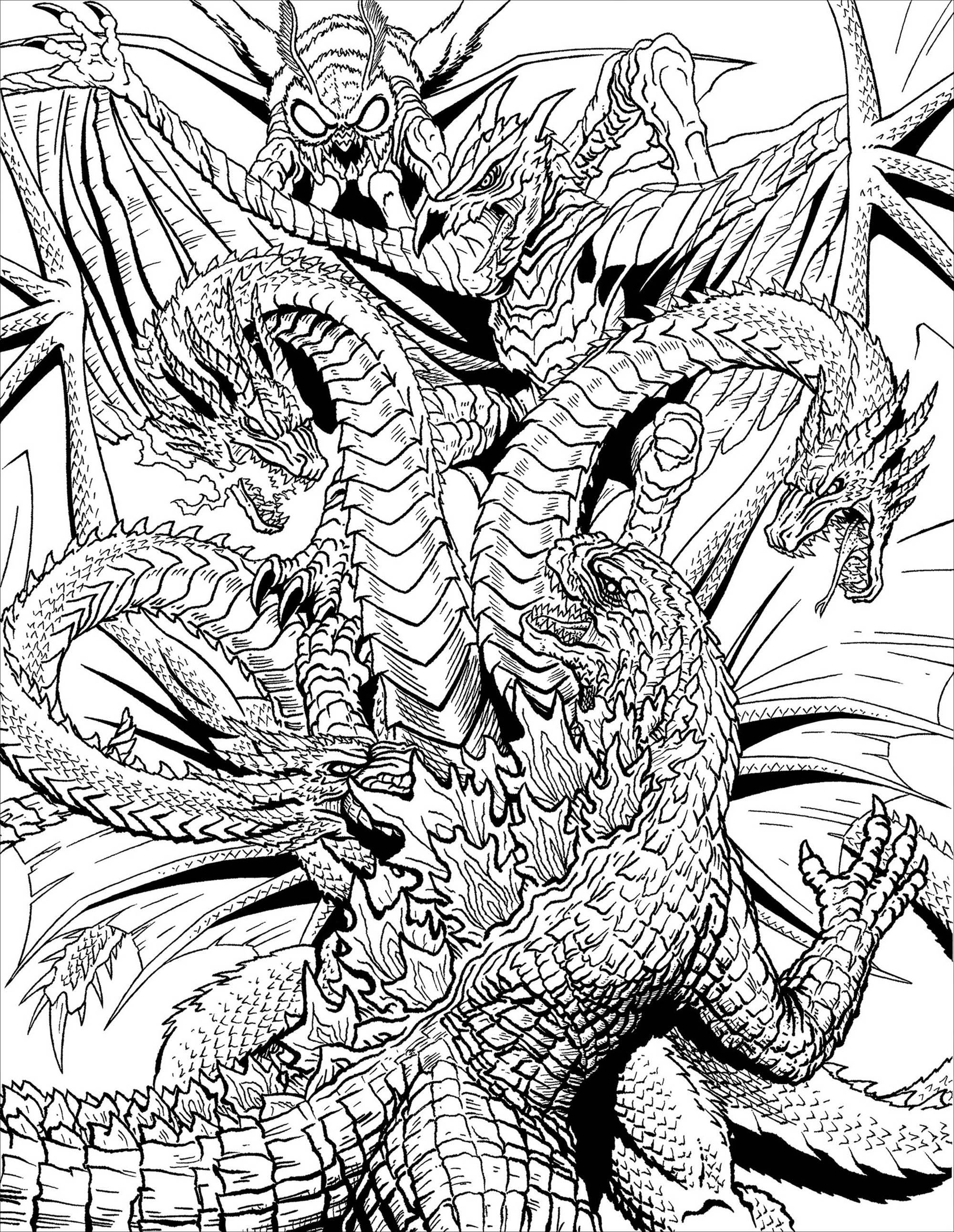 モンスター vs ドラゴン - 複雑なぬりえページ 神話と伝説 印刷用