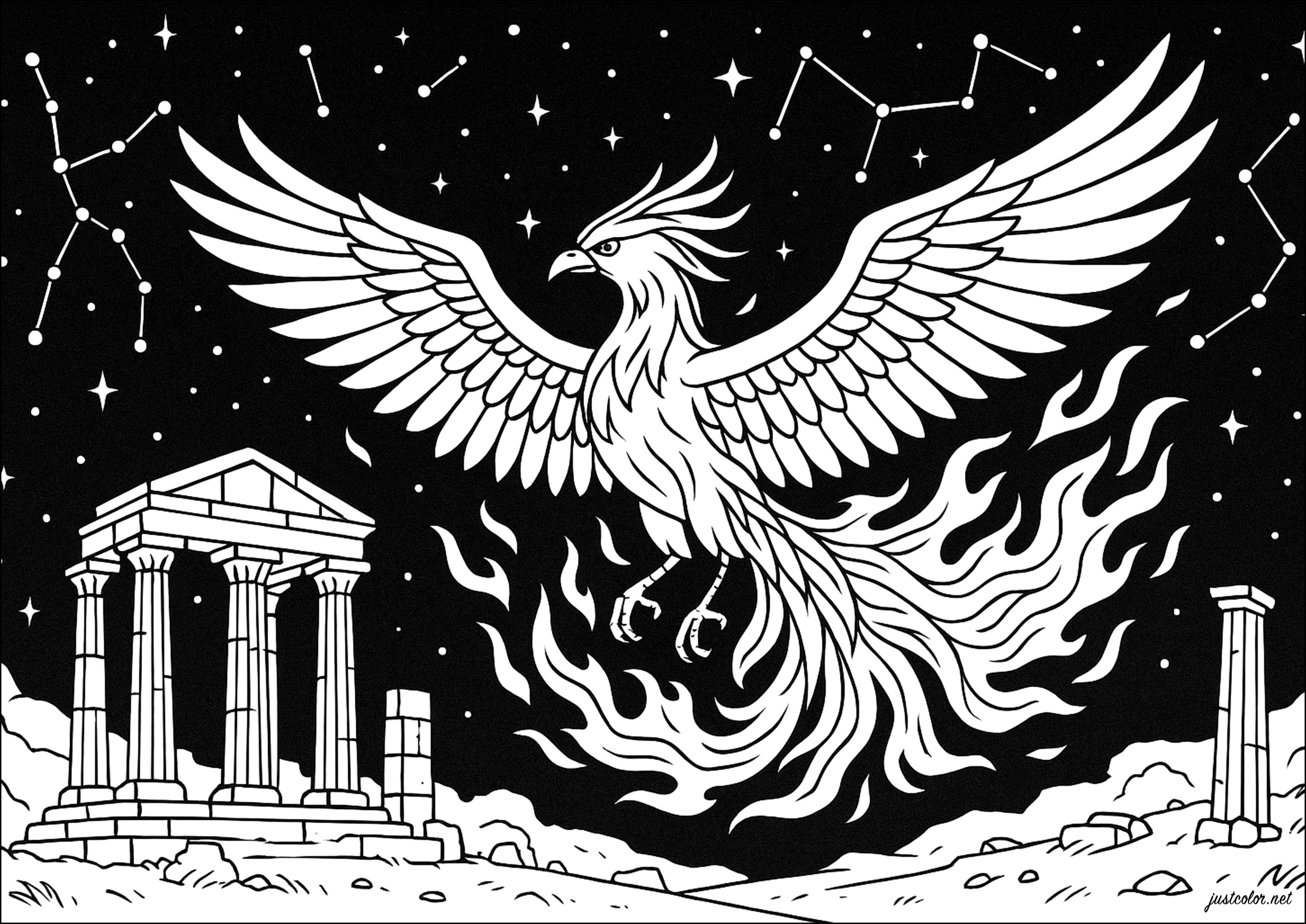 星空の下の伝説の不死鳥 (複雑なぬりえ 神話と伝説 大人向け印刷用)