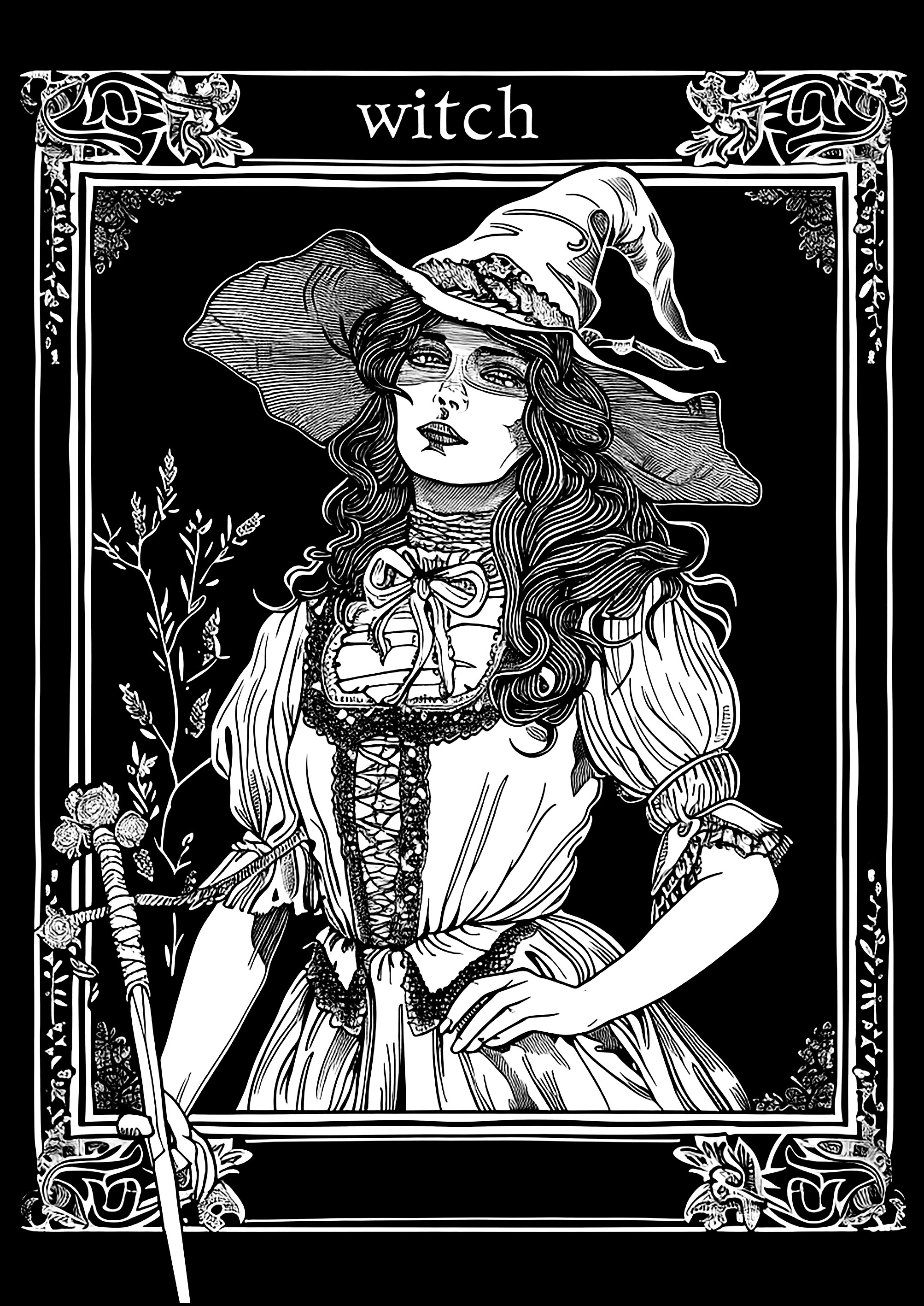 魅惑的な魔女のタロットカード (複雑なぬりえ valentin 大人向け印刷用)