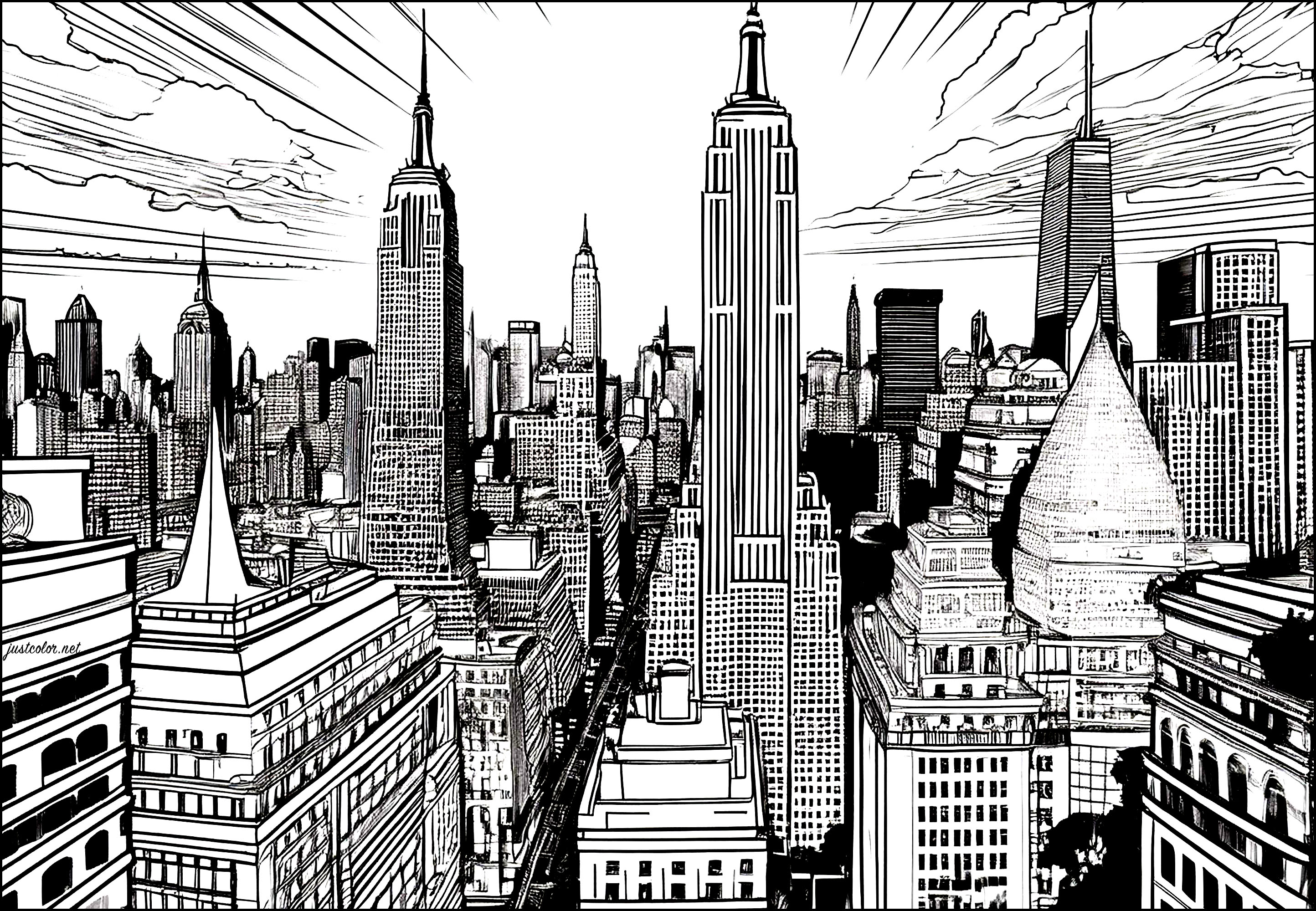マンハッタンの中心部の眺め - 複雑なぬりえページ ニューヨーク 印刷用, image size:2888x2000