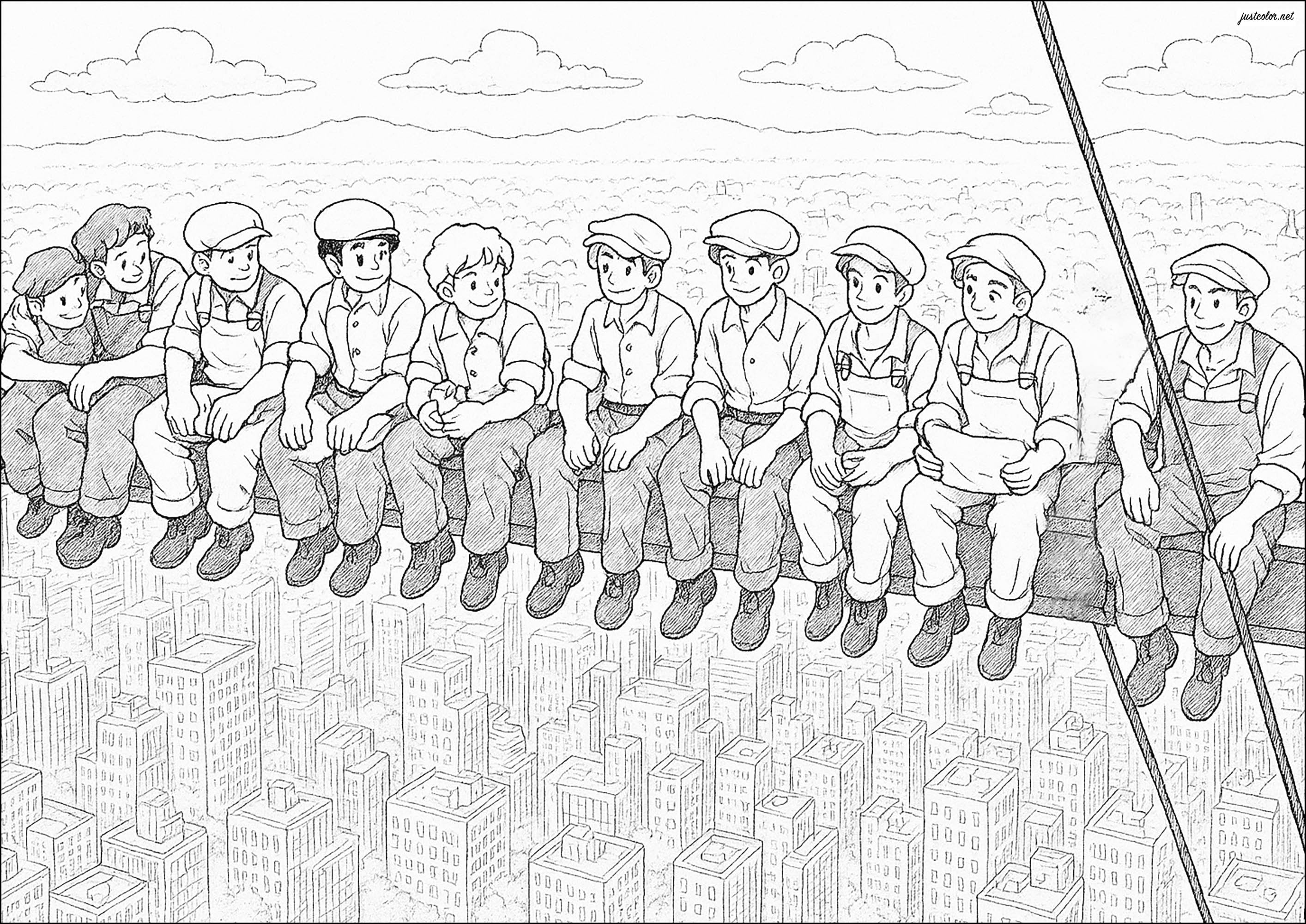 ニューヨークの超高層ビル建設中、梁の上に座って休む労働者たちの神話的な写真から生まれた彩色作品。 (ぬりえ ニューヨーク 大人向け印刷用)
