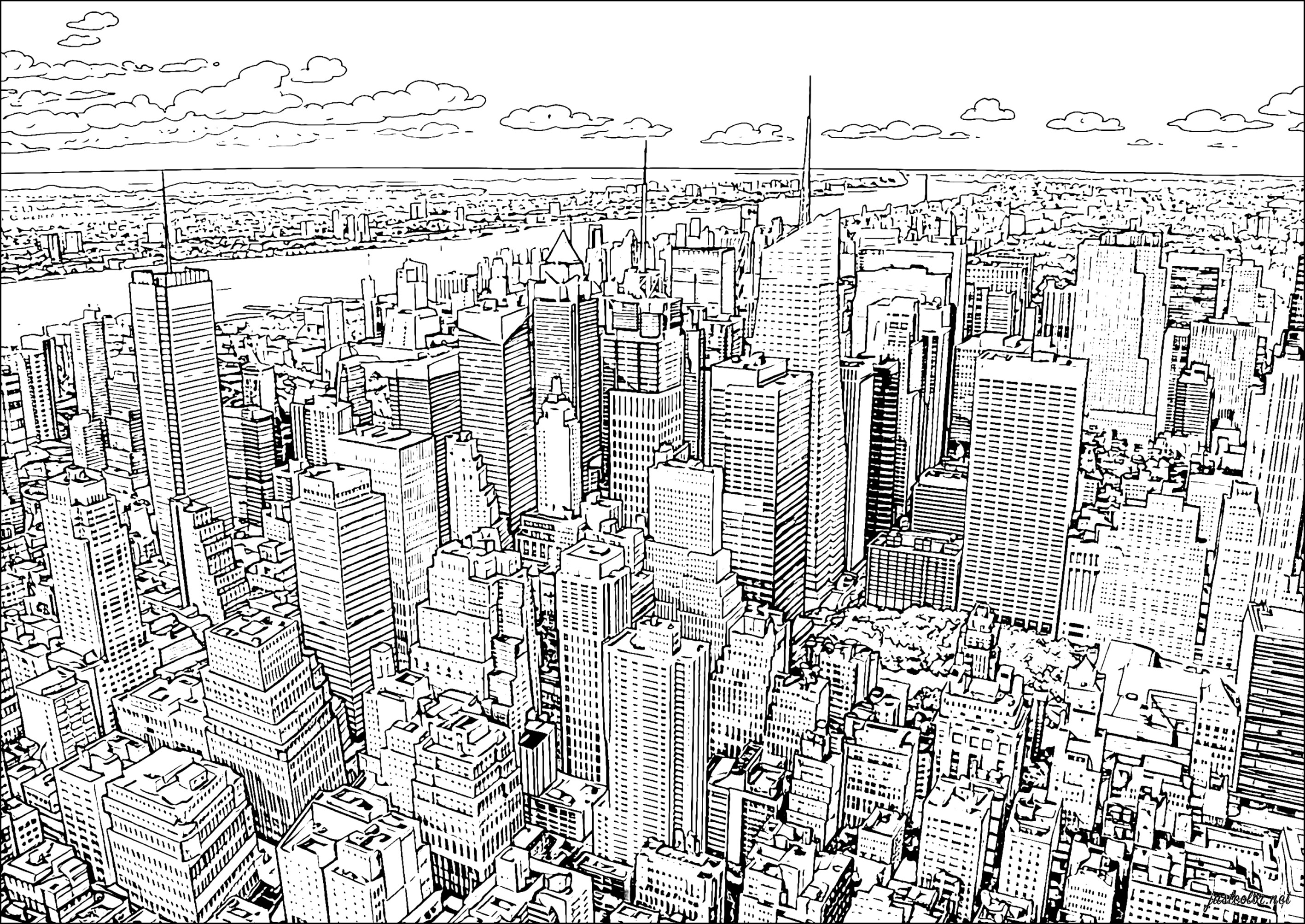 高層ビルを伴う空中写真 (複雑なぬりえ ニューヨーク 大人向け印刷用)