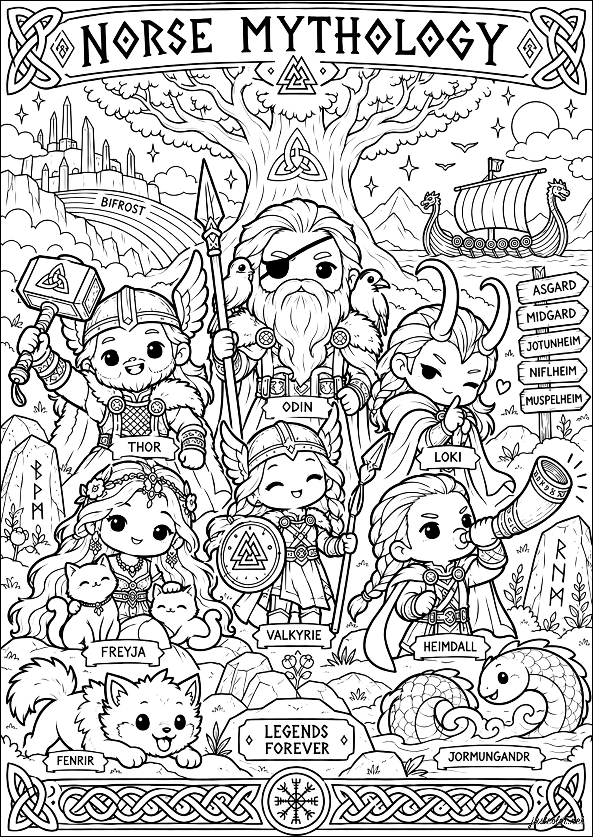北欧神話のキャラクターのかわいいバージョン (複雑なぬりえ Norse mythology 大人向け印刷用)