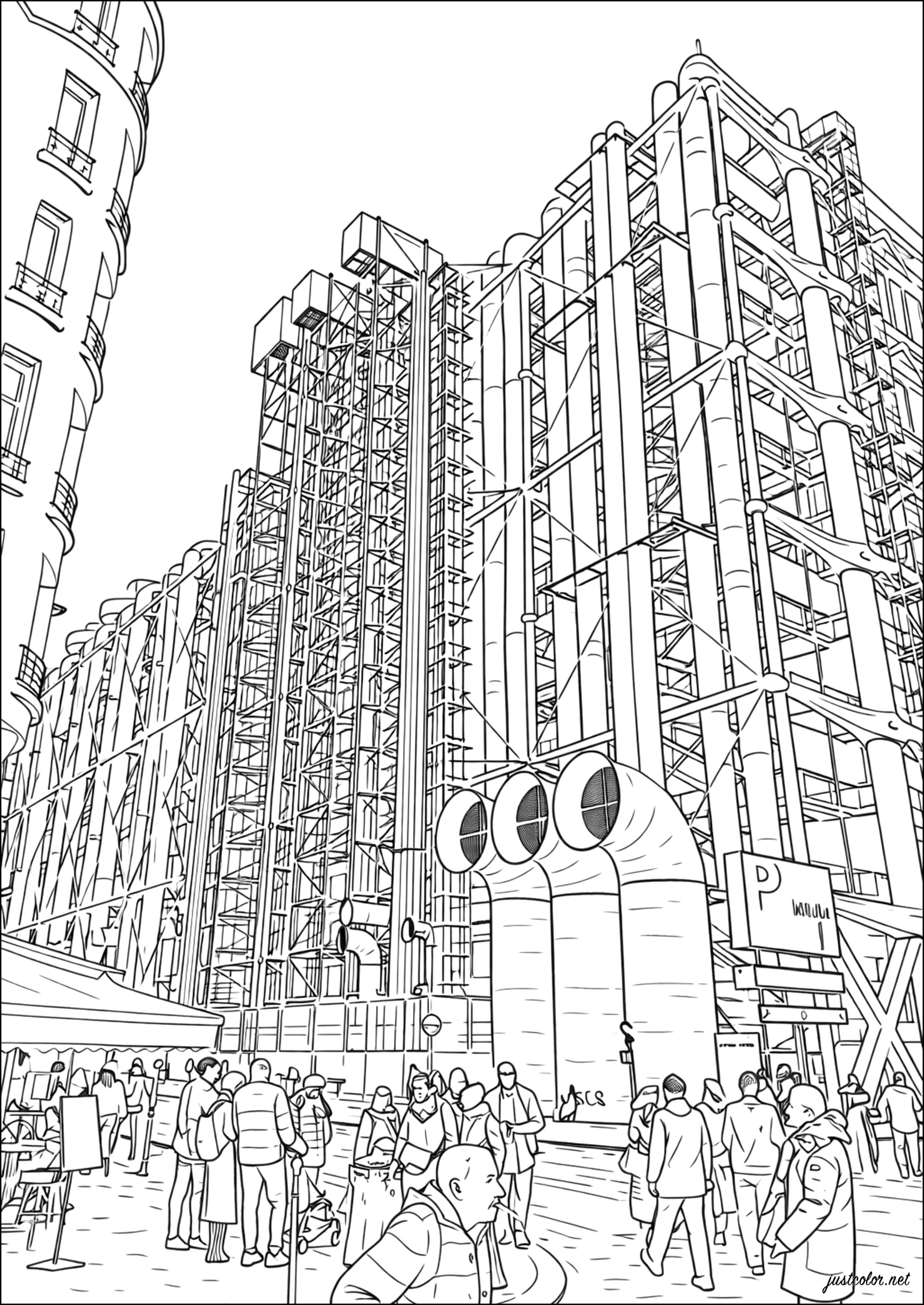 ポンピドゥー・センター - 都市建築と文化的生活 (複雑なぬりえ パリ 大人向け印刷用)