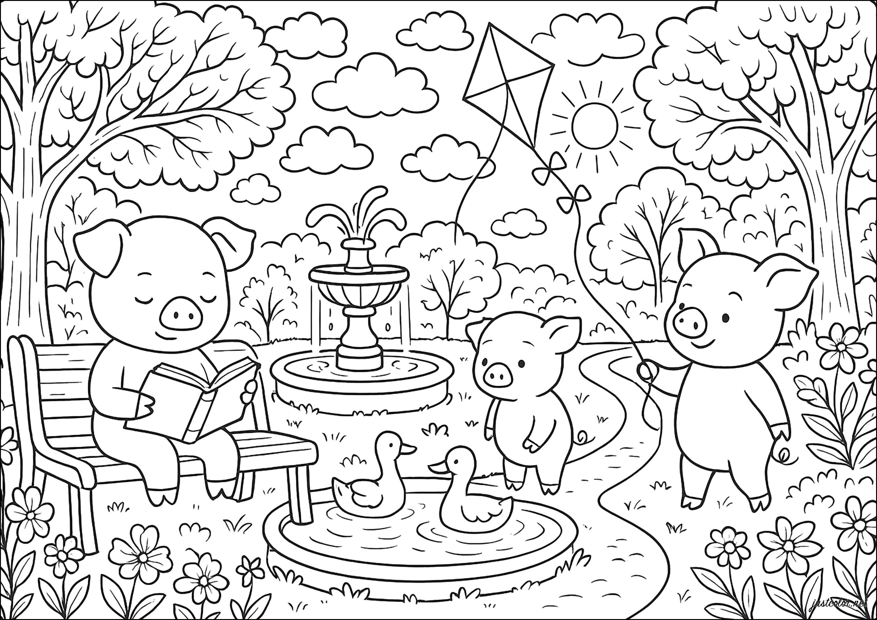 公園の豚トリオ (複雑なぬりえ 豚 大人向け印刷用)