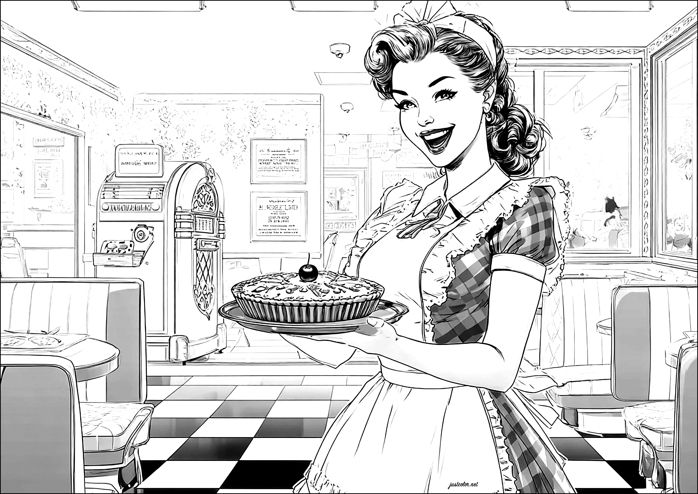 ウェイトレスが素敵なパイを持ってくる (複雑なぬりえ 1950年代のピンナップガール 大人向け印刷用)