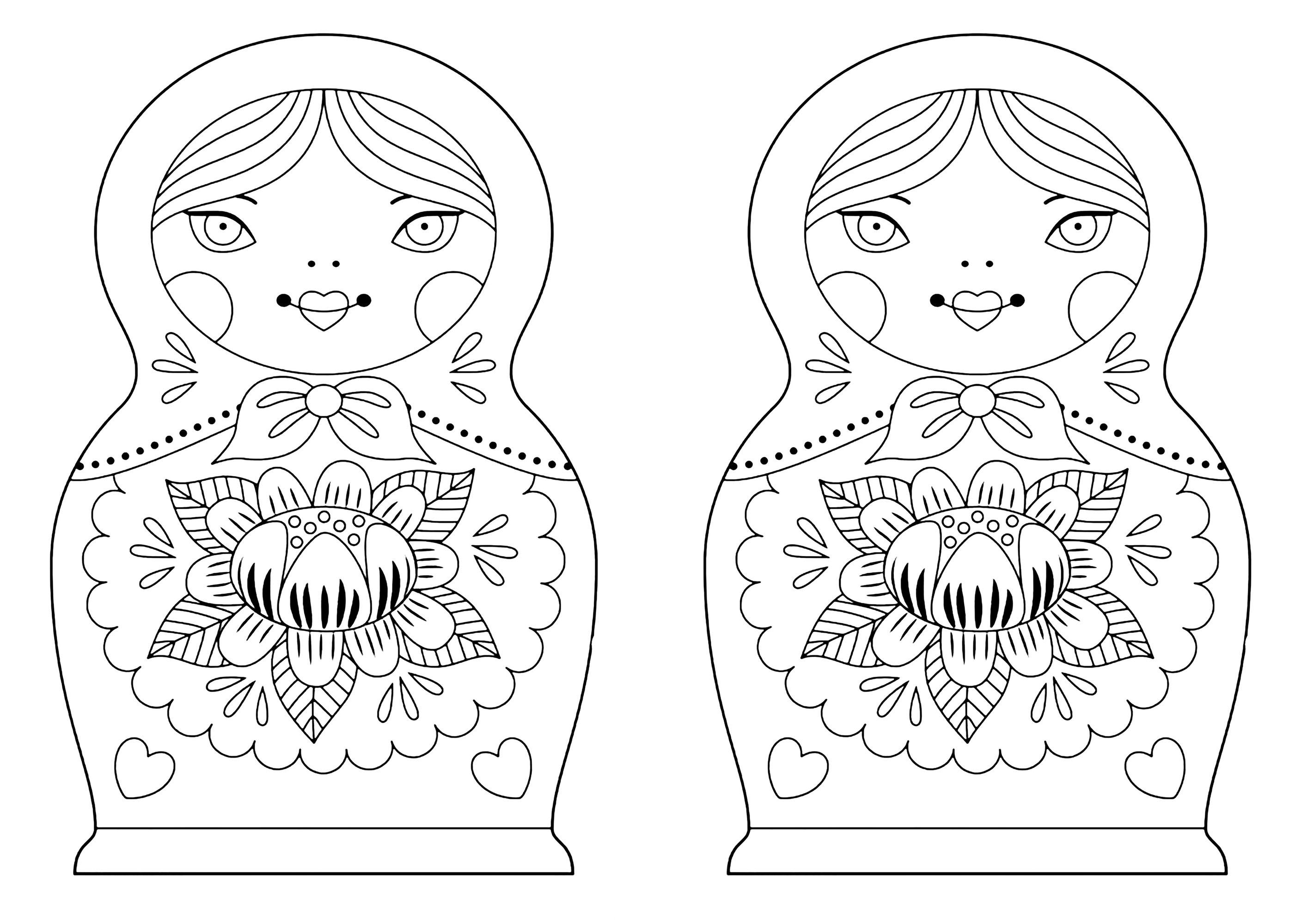 蓮の花を持つ2つのロシア人形 (複雑なぬりえ ロシア人形 大人向け印刷用)