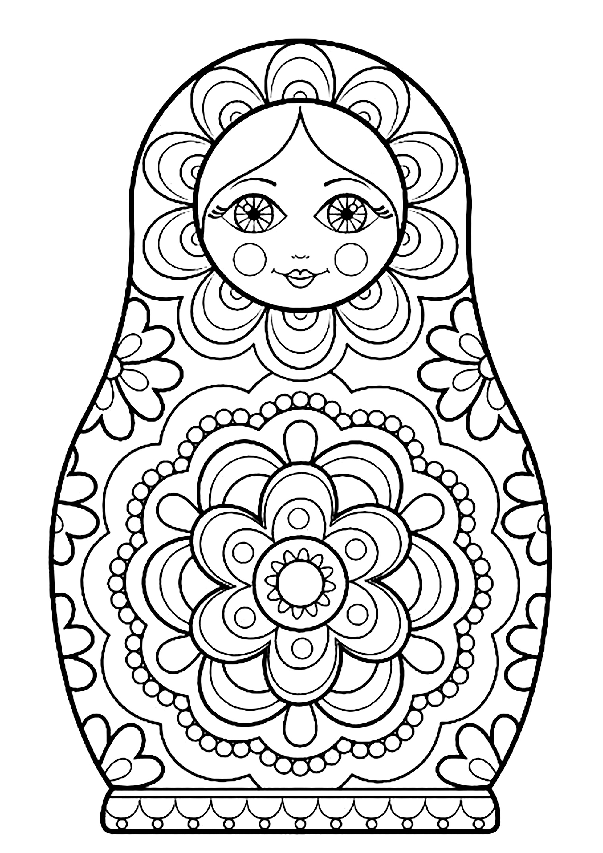 美しいマンダラが腹部に描かれたロシアン・ドール (ぬりえ ロシア人形 大人向け印刷用)