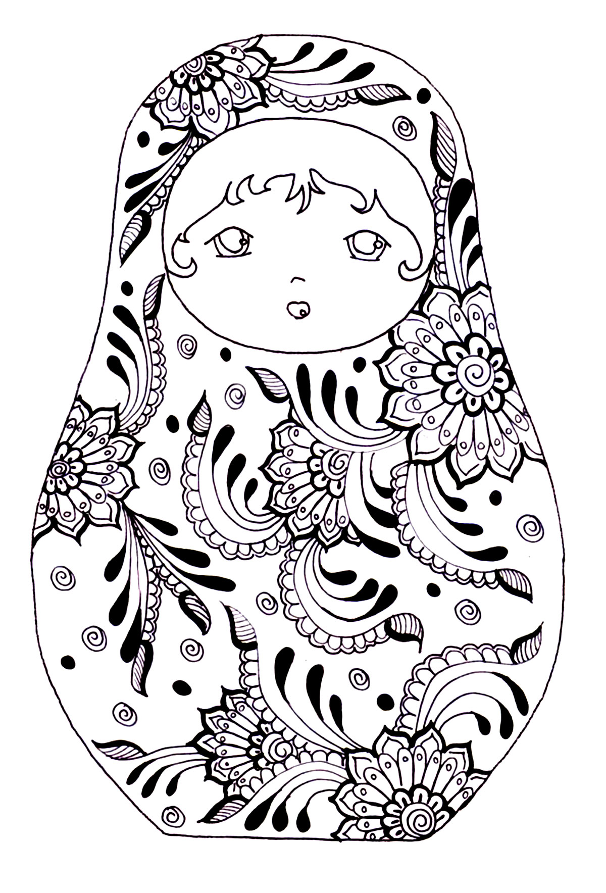 ロシアの入れ子人形と花 (ぬりえ ロシア人形 大人向け印刷用)