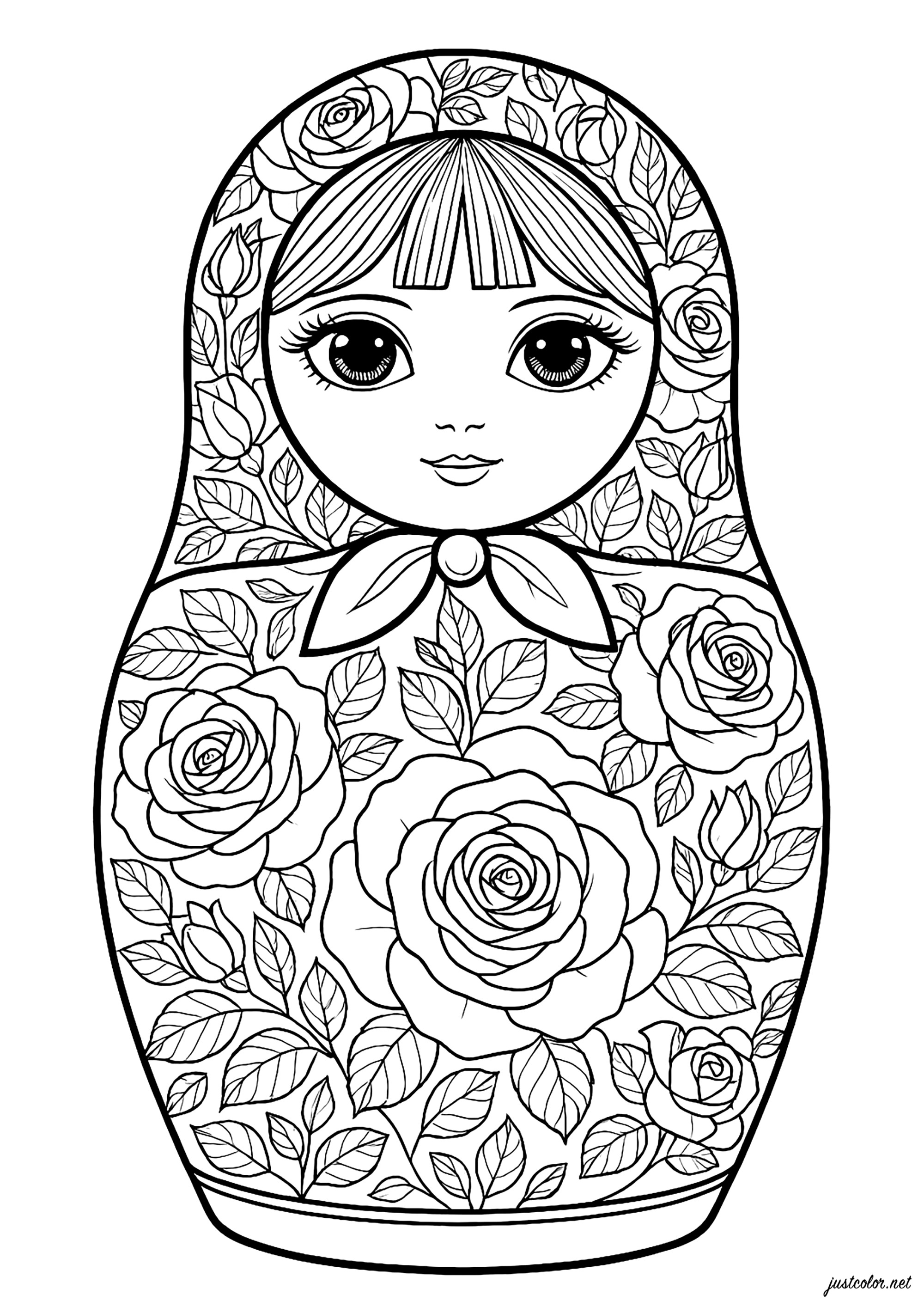 優雅な花に包まれた美しさ (複雑なぬりえ ロシア人形 大人向け印刷用)