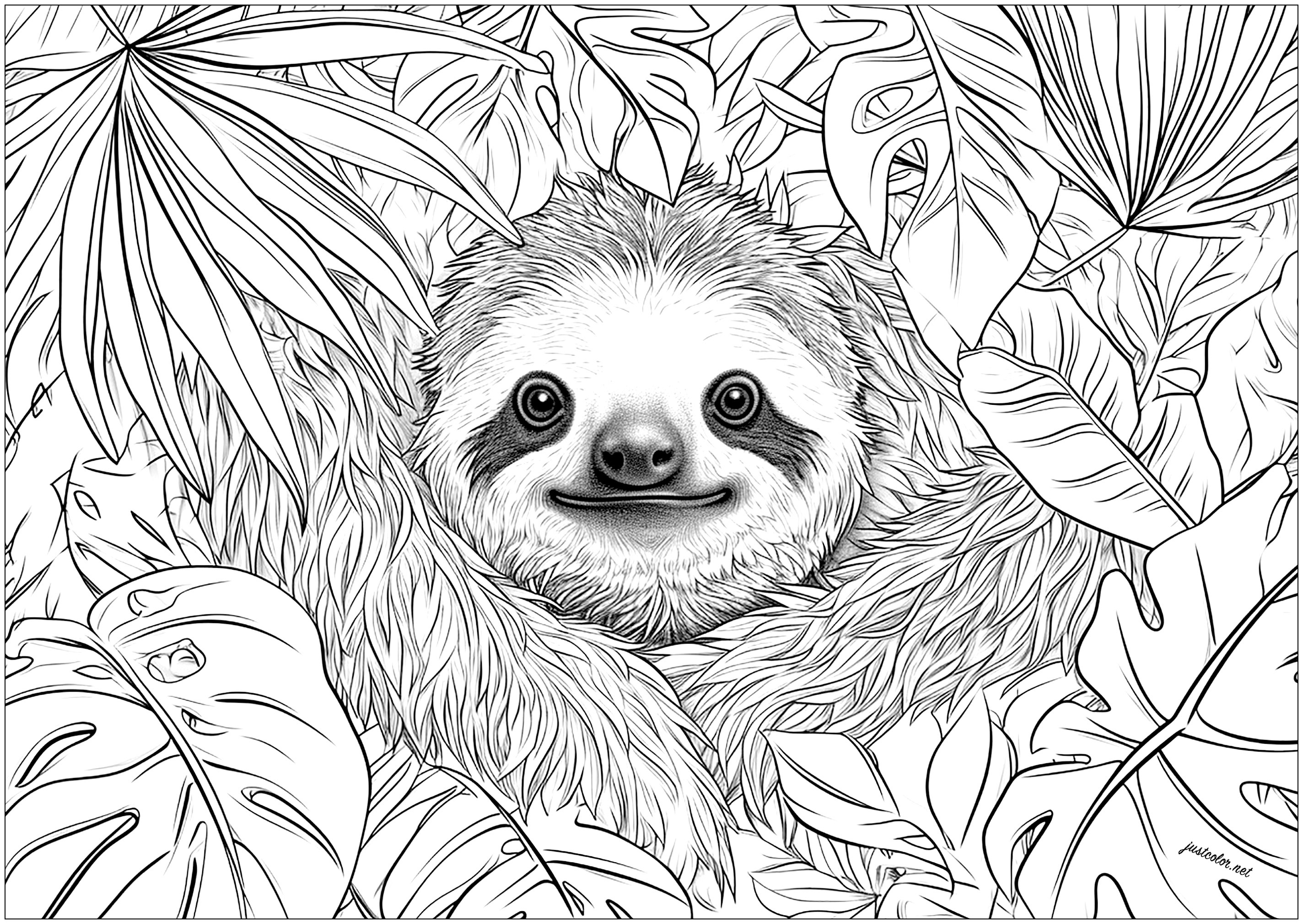 葉の陰に隠れたナマケモノ (ぬりえ ナマケモノ 大人向け印刷用)