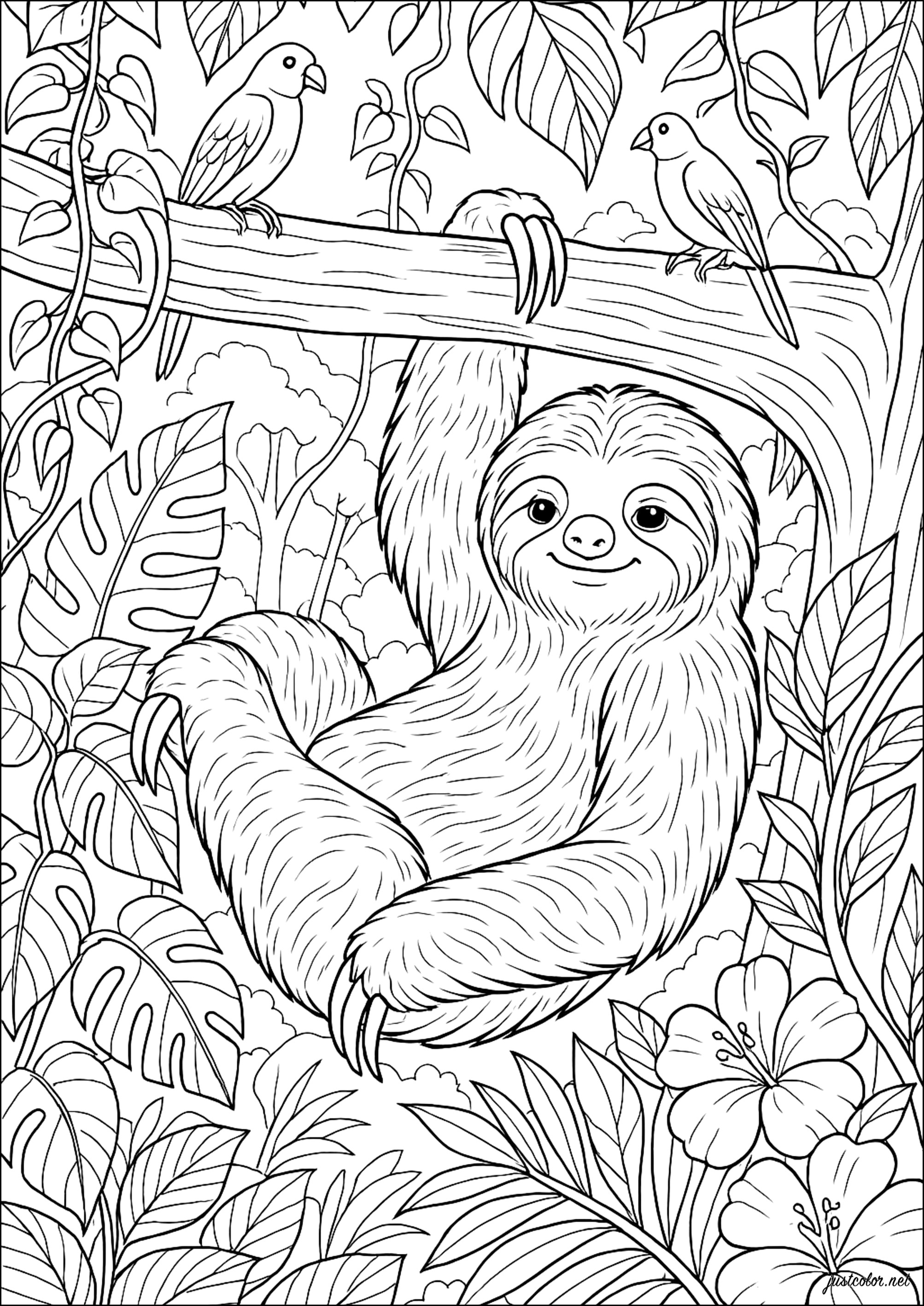 木陰の怠惰 (複雑なぬりえ ナマケモノ 大人向け印刷用)