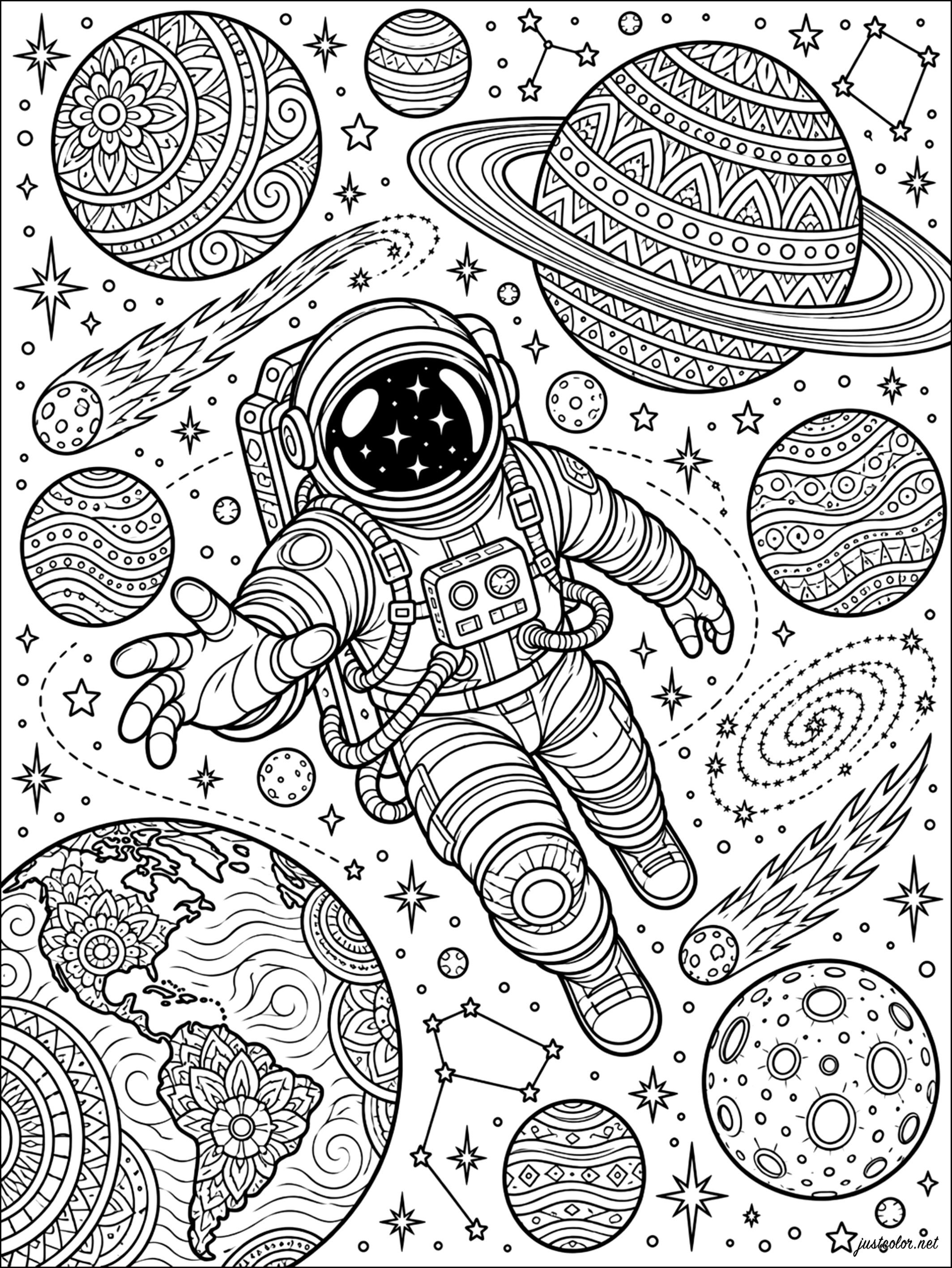 宇宙飛行士が惑星の間を浮かんでいる - 複雑なぬりえページ Space and