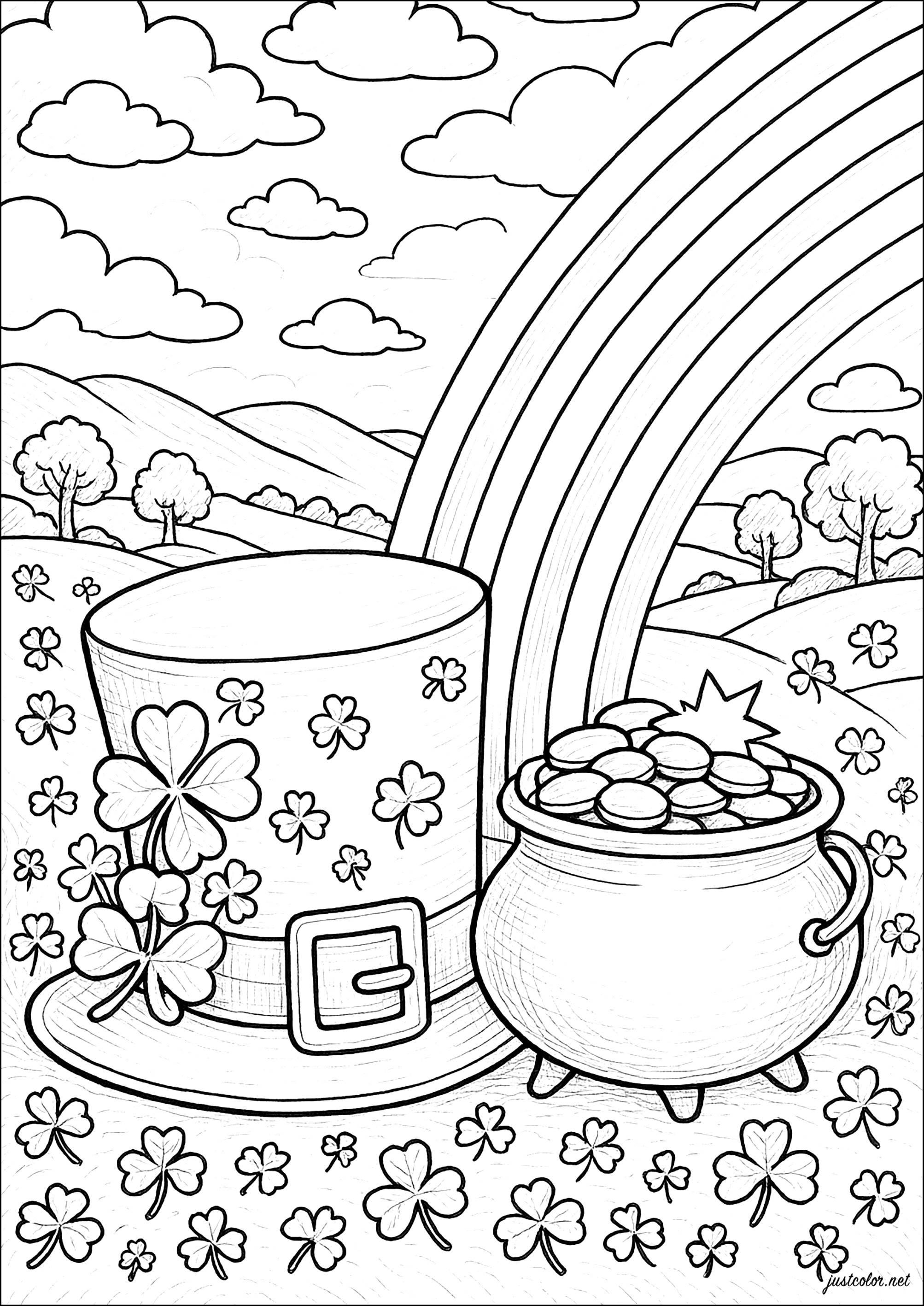 ケルトの祭りと虹の宝 (複雑なぬりえ 聖パトリックの日 大人向け印刷用)