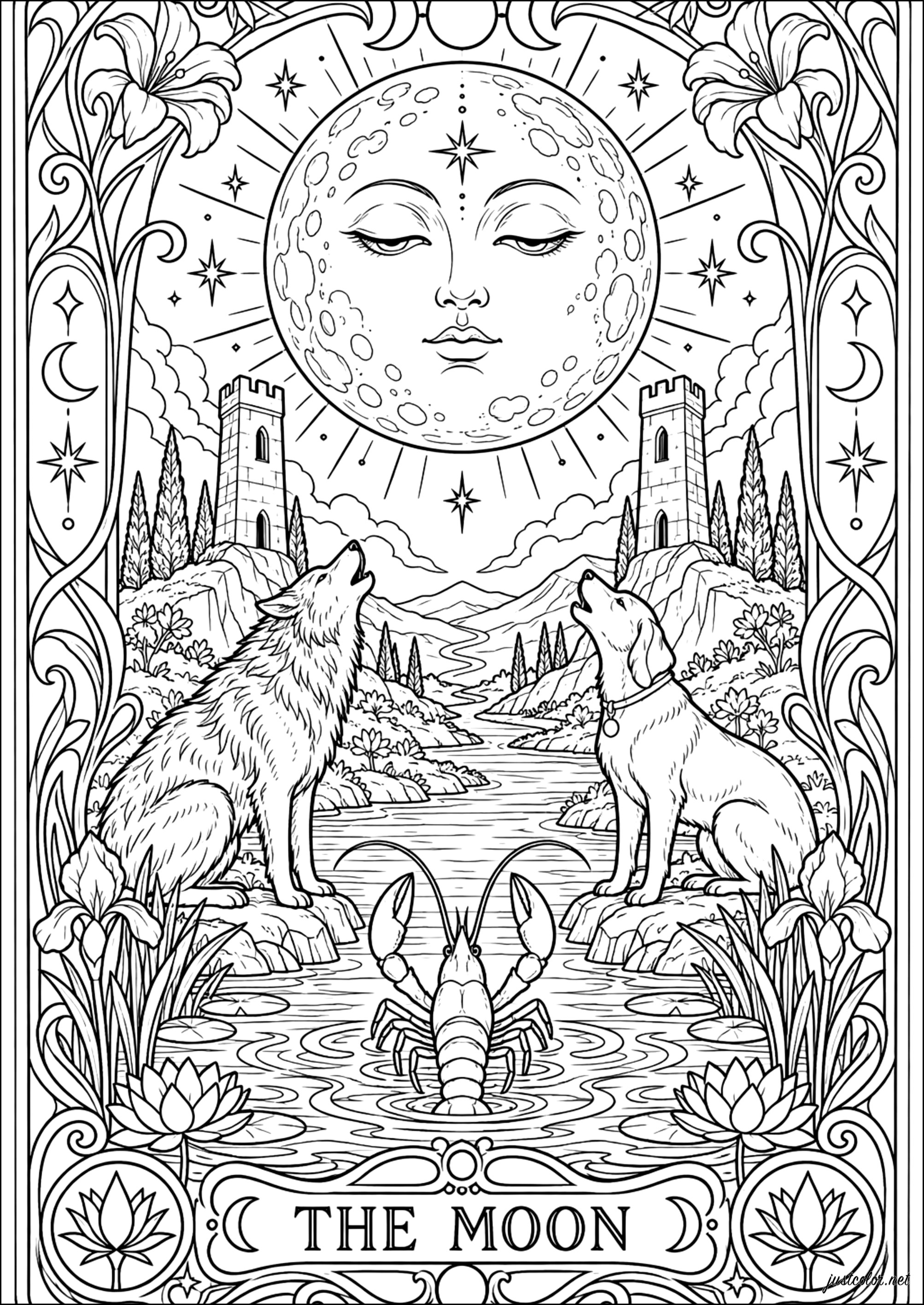 月 (複雑なぬりえ Tarot card 大人向け印刷用)