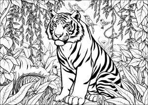 緑豊かな植物に囲まれた見事な虎 (ぬりえ タイガース 印刷用)