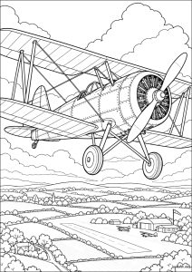 複葉機が畑の上を飛んでいる