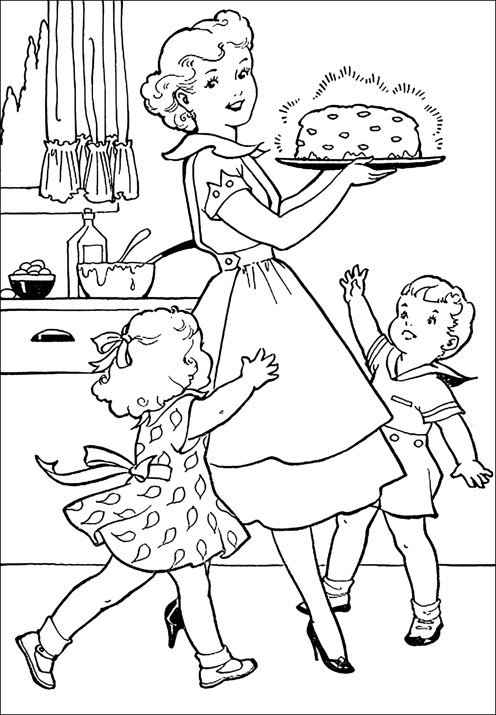 50年代風の色使いで、息子と娘のためにケーキを準備している母親 (ぬりえ ビンテージ 大人向け印刷用)
