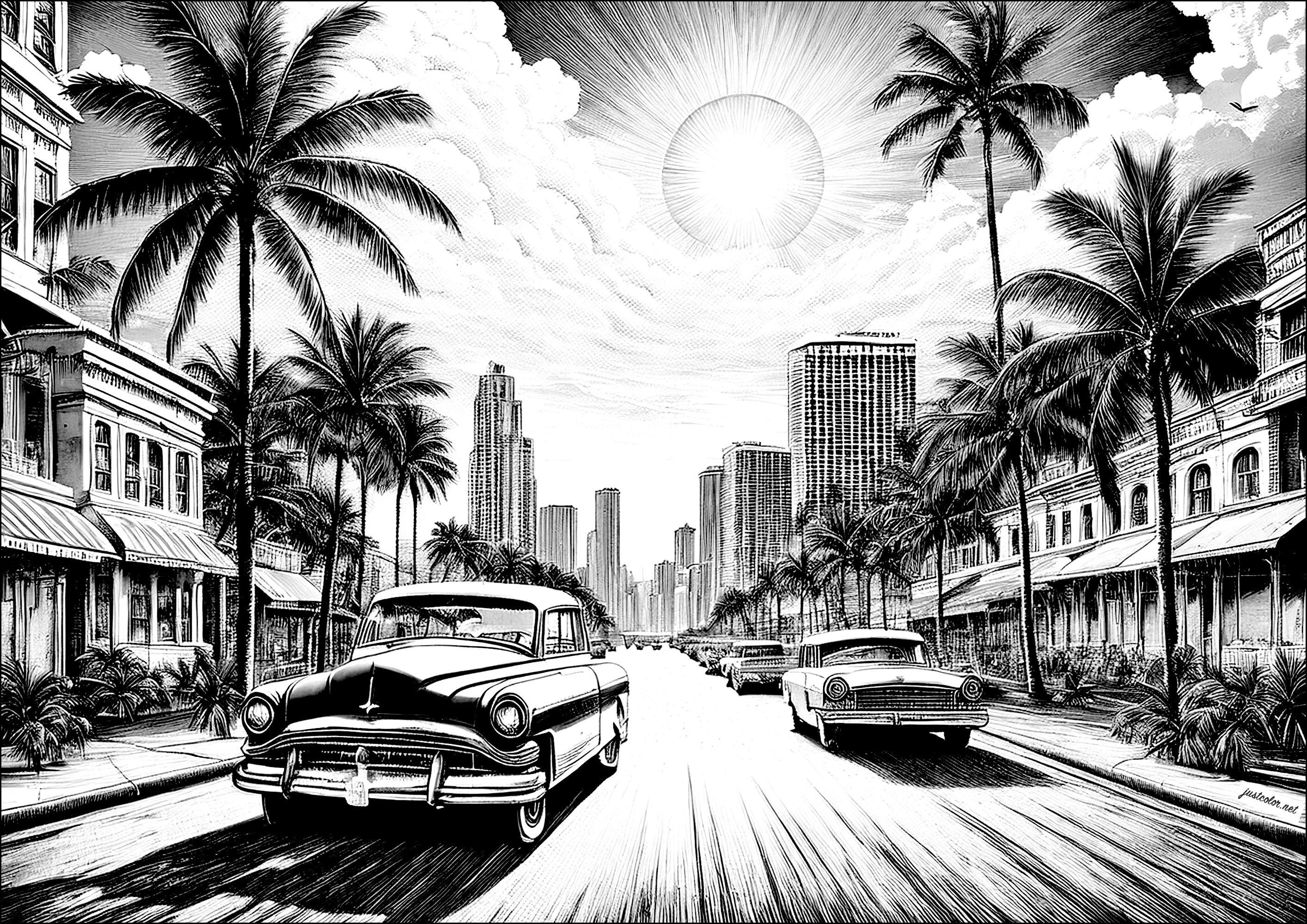 60年代のマイアミ (ぬりえ ビンテージ 大人向け印刷用)
