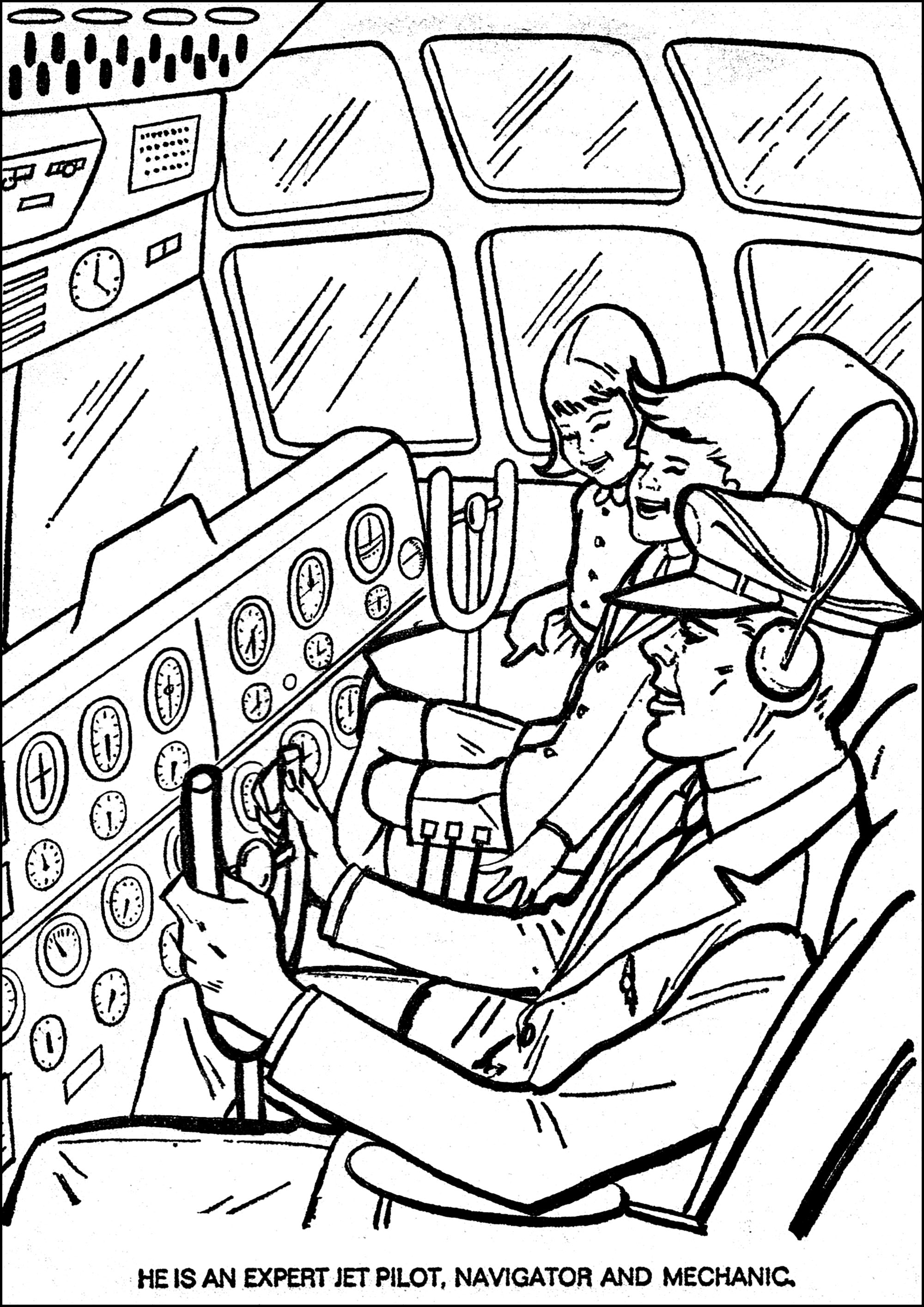 ヴィンテージ風の塗り絵、飛行機の客室にいる子供たちが描かれたもの (ぬりえ ビンテージ 大人向け印刷用)