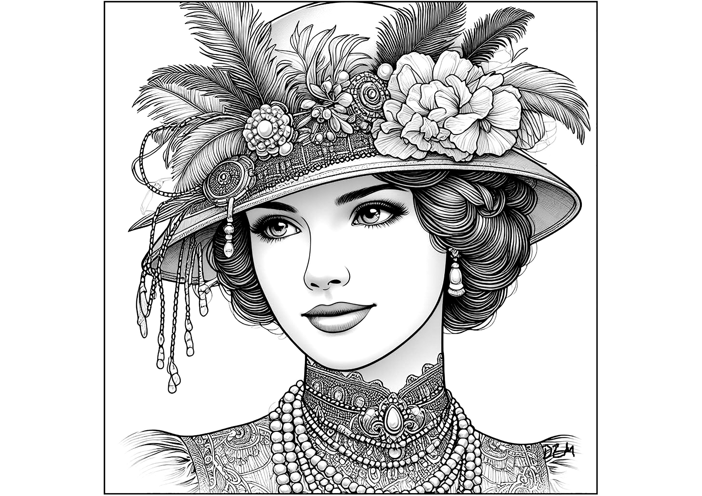 美しい花の帽子をかぶった女性の顔、1920年代スタイル (ぬりえ ビンテージ 大人向け印刷用)