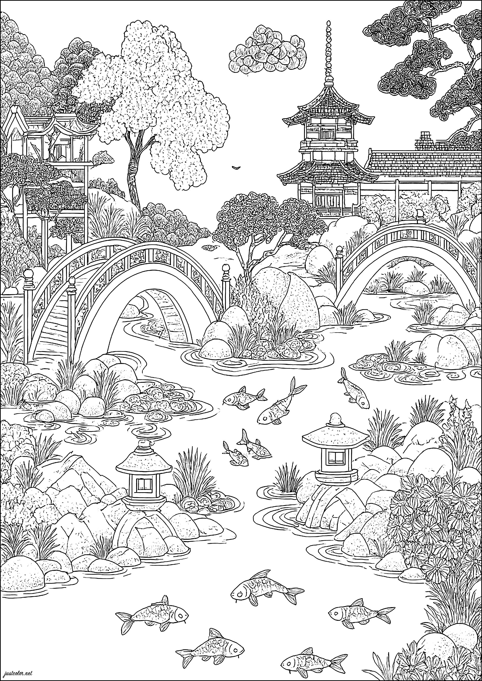 日本庭園再訪 (複雑なぬりえ 素晴らしい庭園 大人向け印刷用)