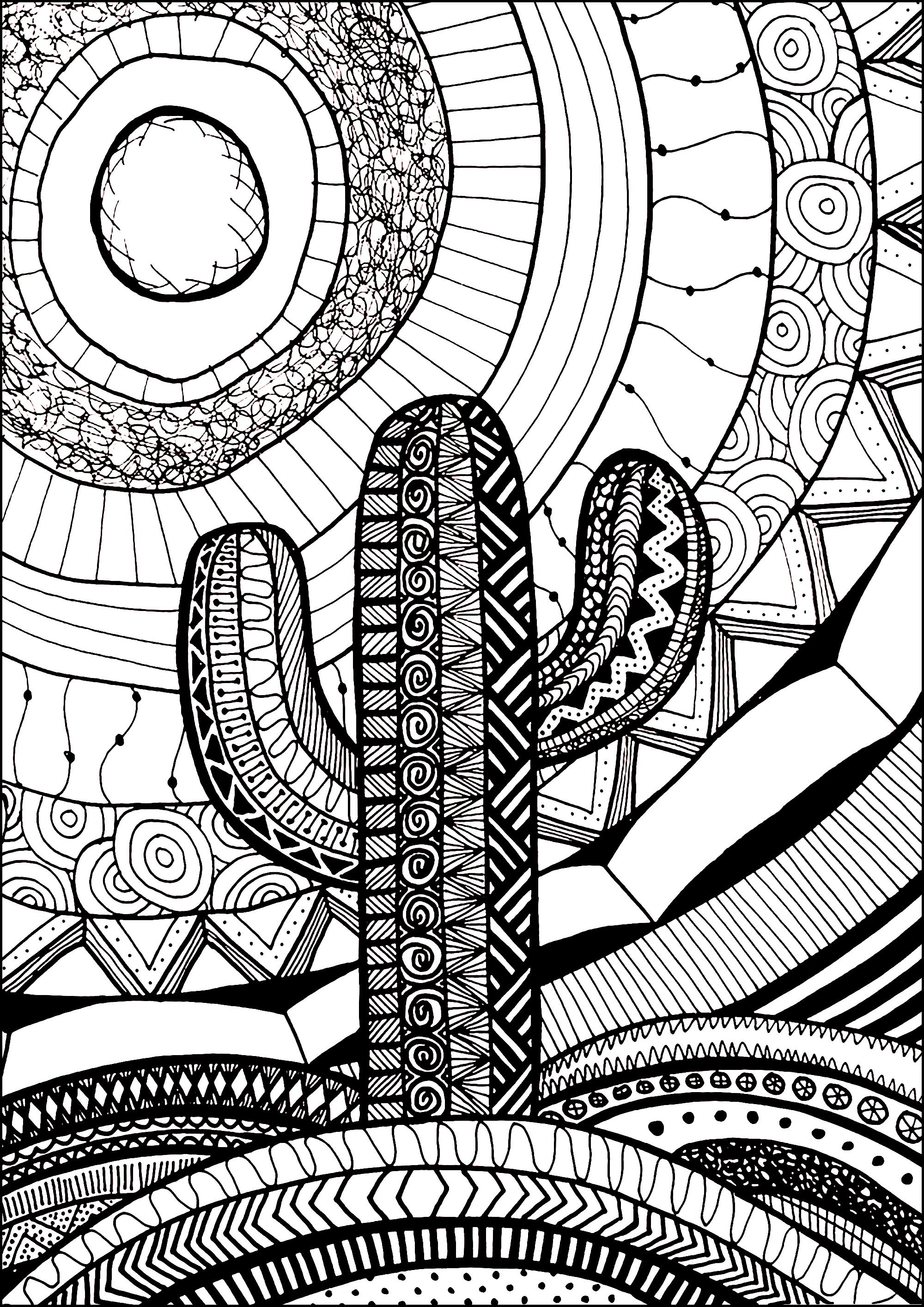 ぬり絵作品 富士山と花の太陽-ゼンタングルの塗り絵 | 塗り絵のゆずふる