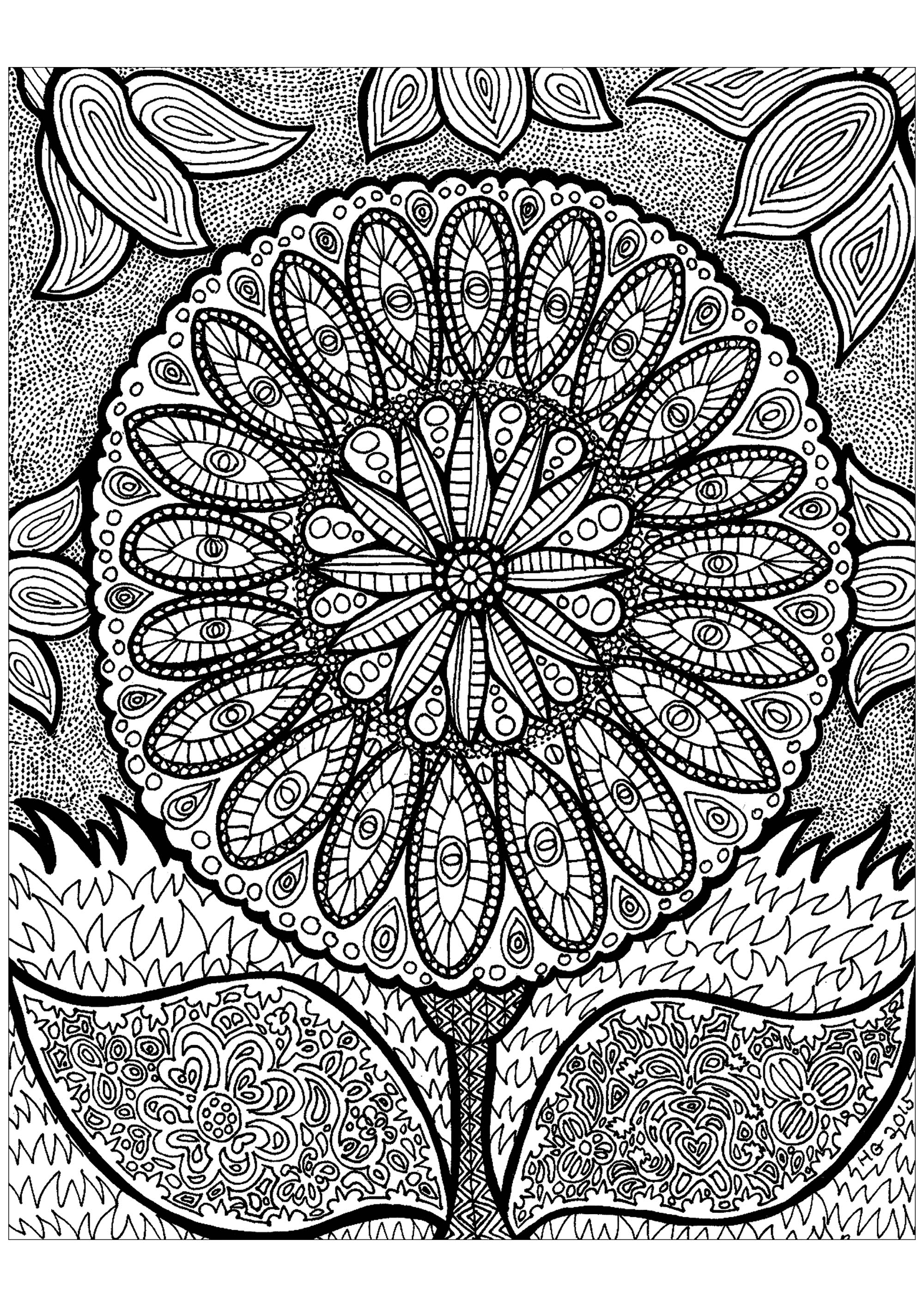 花の線 (複雑なぬりえ ゼンタングル 大人向け印刷用)