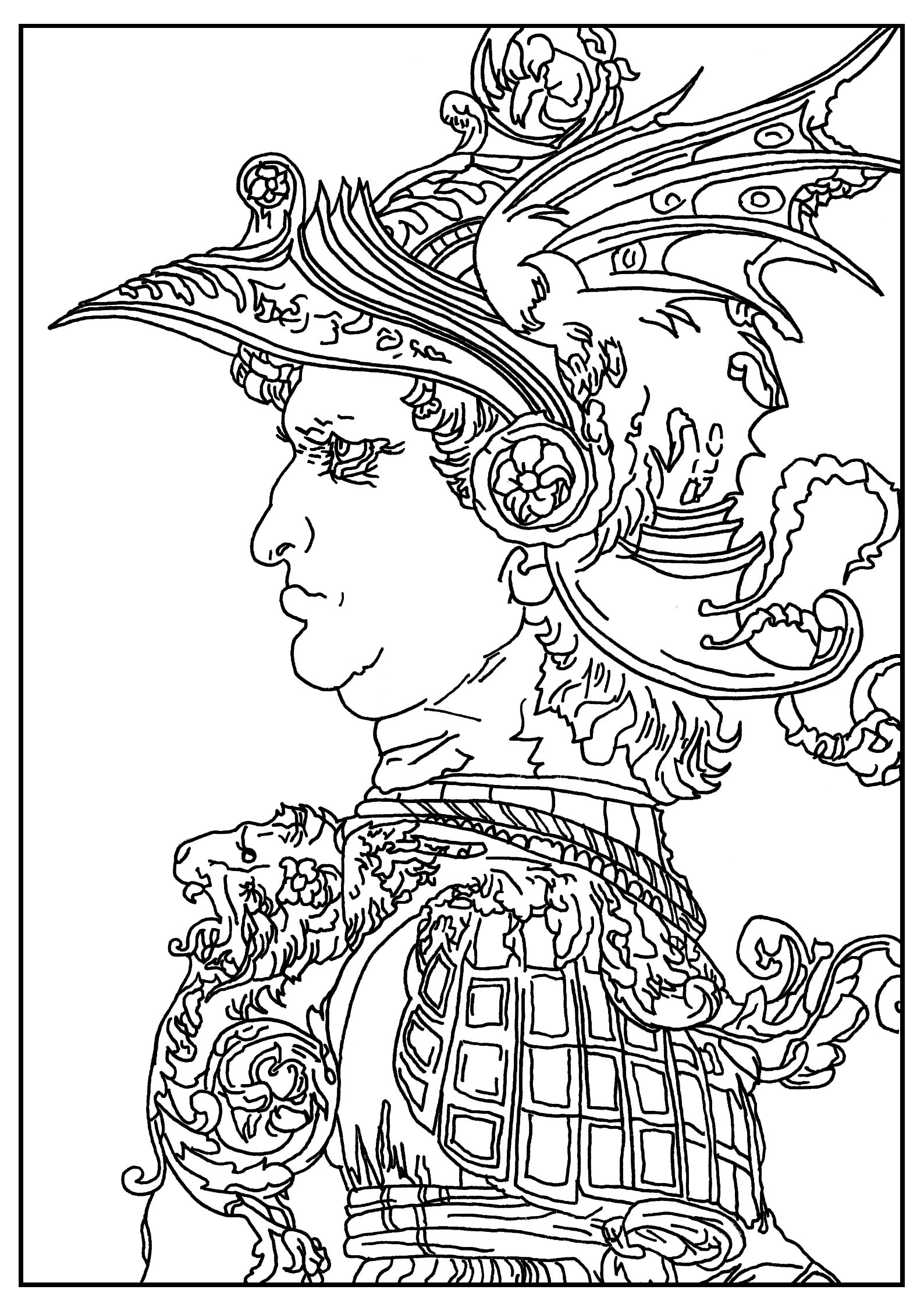 Adult coloring page inspired by a drawing by Leonardo da Vinci dating from 1477: Bust of a warrior