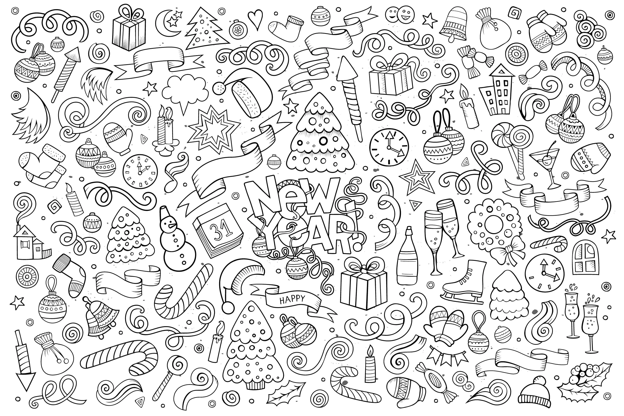 Doodle HAPPY NEW YEAR (Printable Adult Coloring Page for Kids)