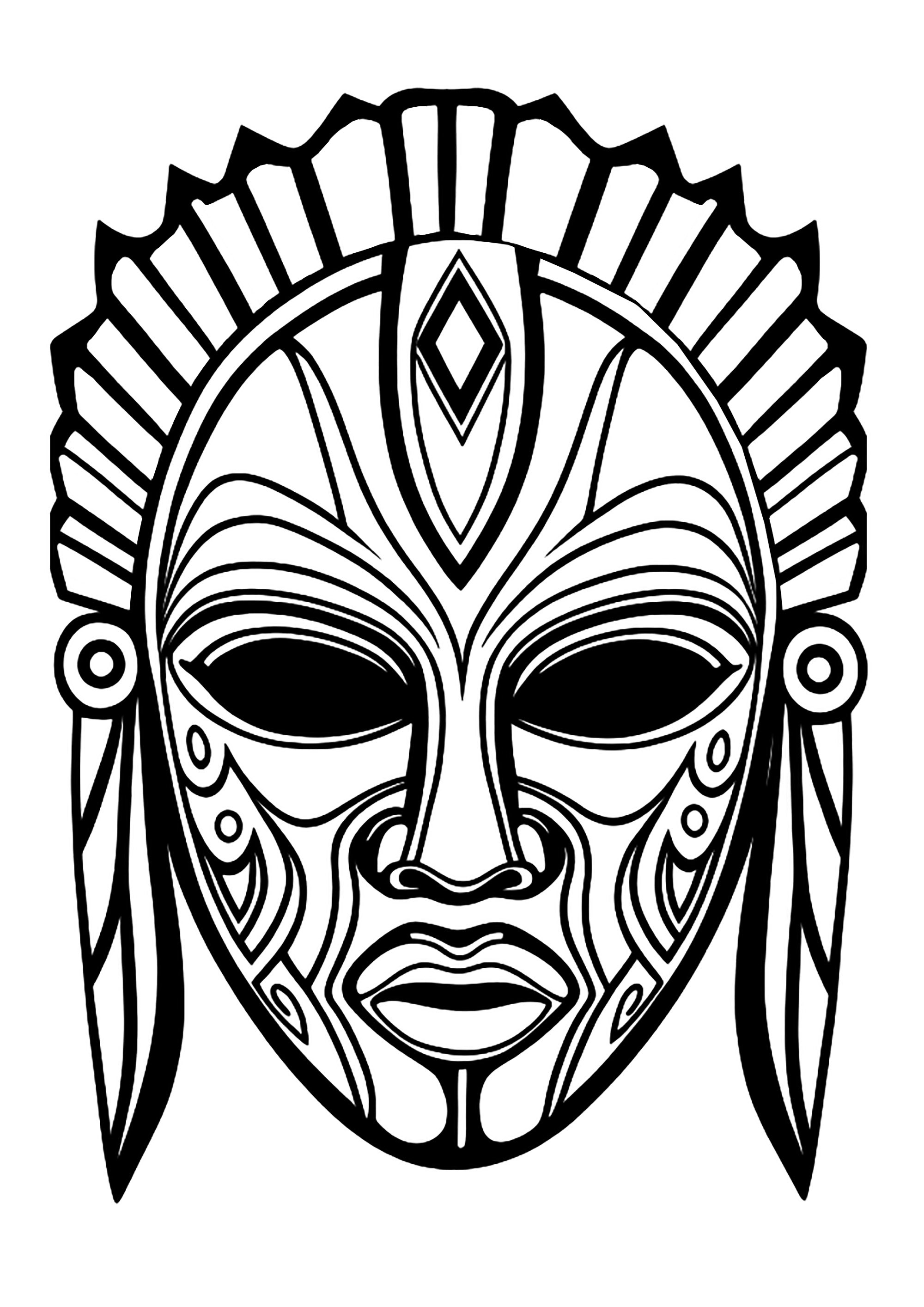An imaginary mask inspired by African masks, to be colored with beautiful bright colors. This coloring page is an invitation to creativity and imagination. It is inspired by African masks and is composed of various shapes and decorative details that will give your child the opportunity to express his creativity and personality.